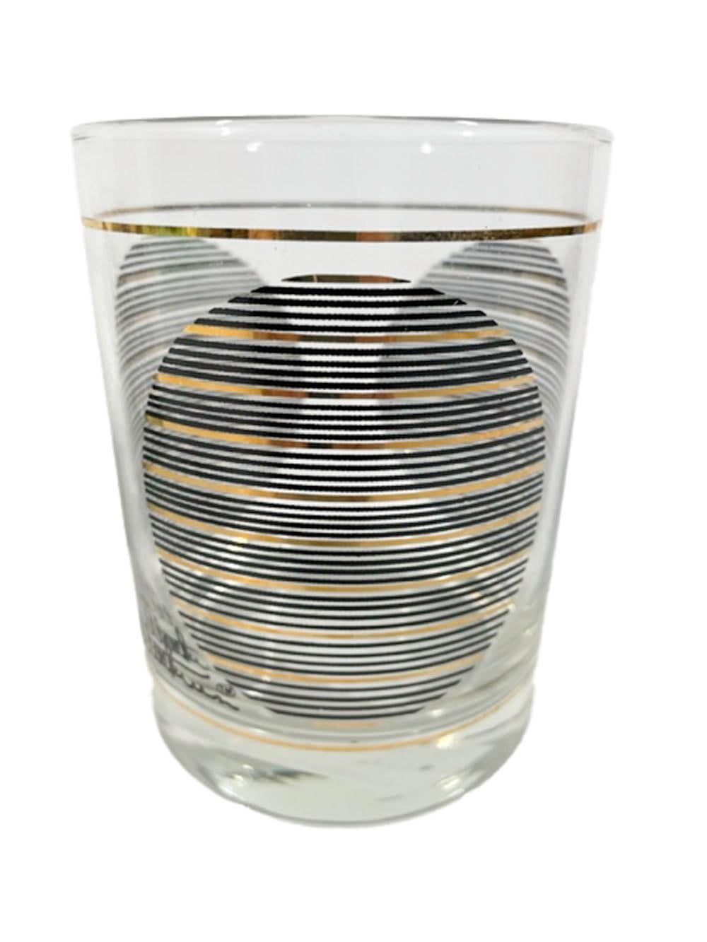 American Four Shelton-Ware Double Rocks Glasses w/Black and Gold Lines Making Circles For Sale