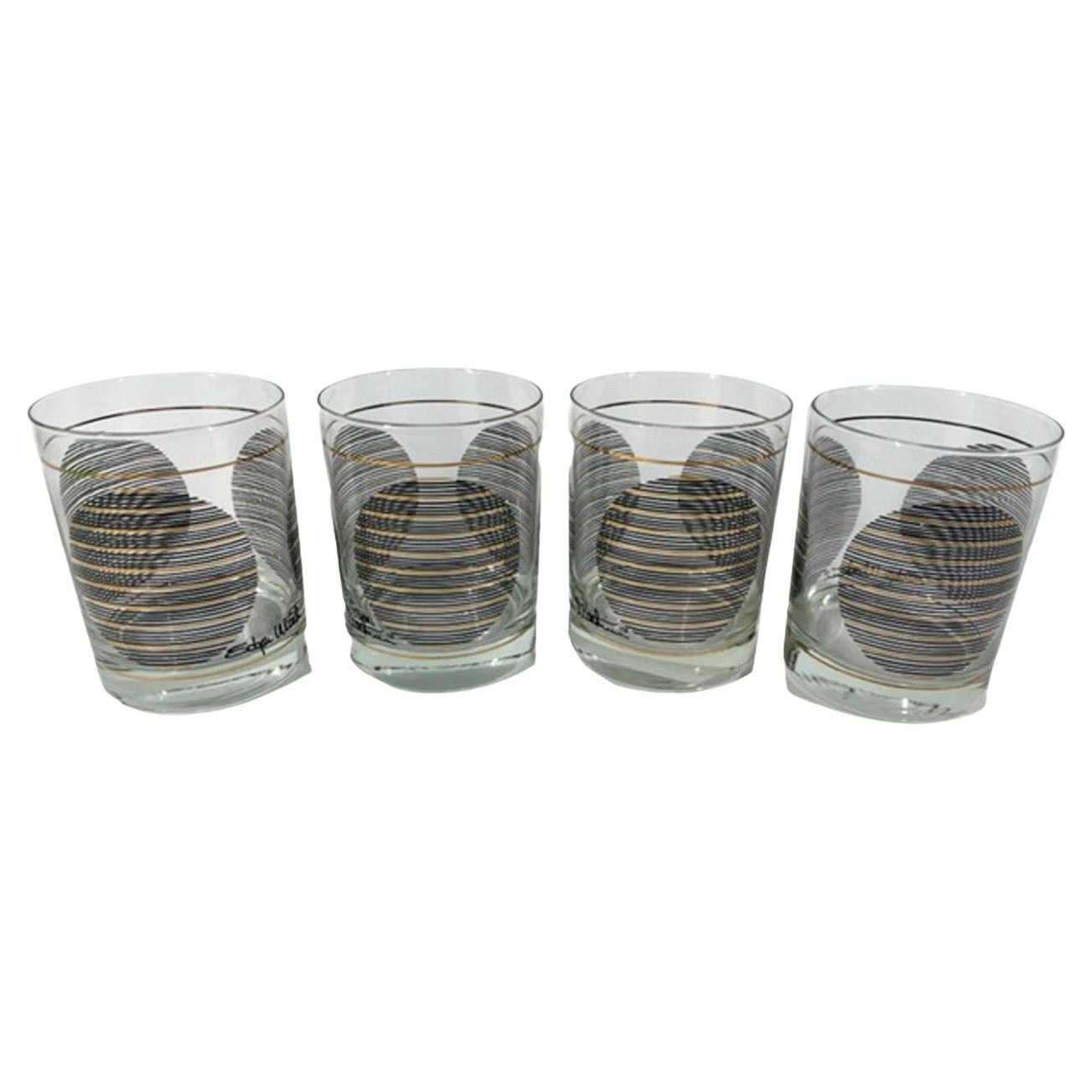 Four Shelton-Ware Double Rocks Glasses w/Black and Gold Lines Making Circles For Sale