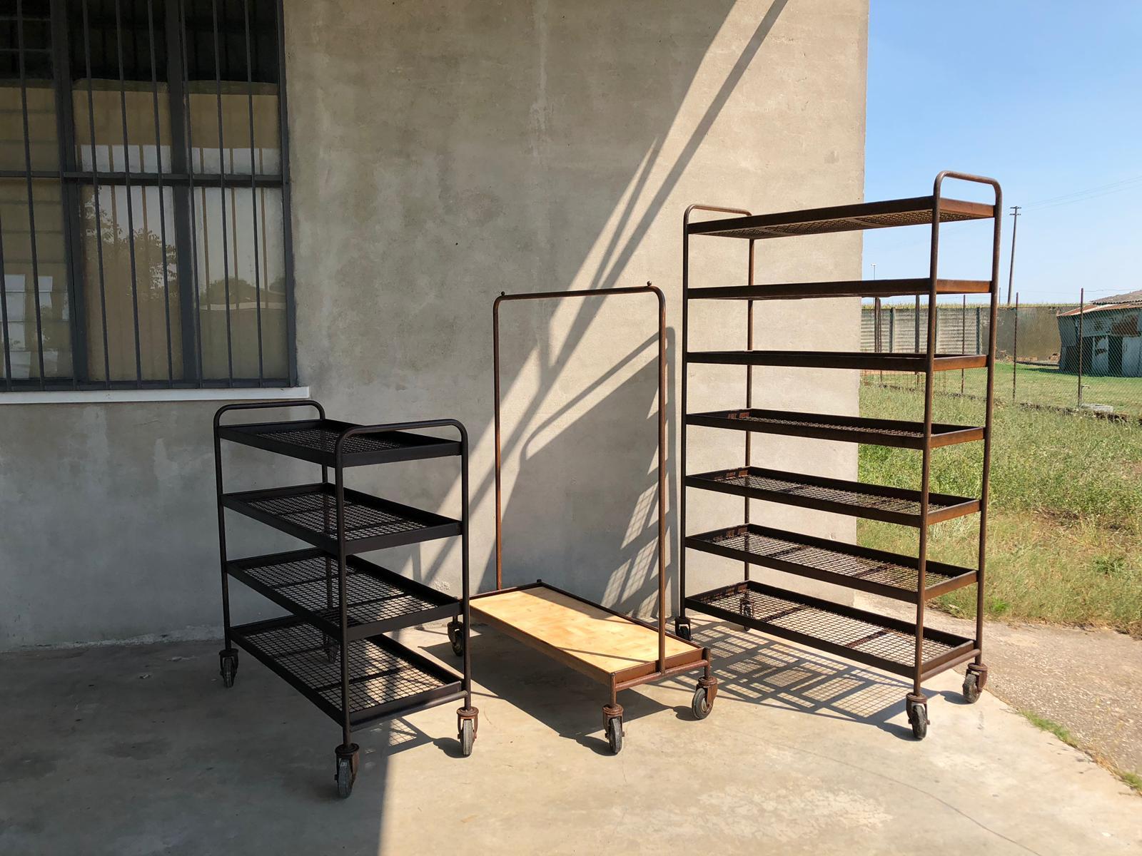 Four Shelves Industrial Iron Wheeled Trays, Different Sizes Available For Sale 4