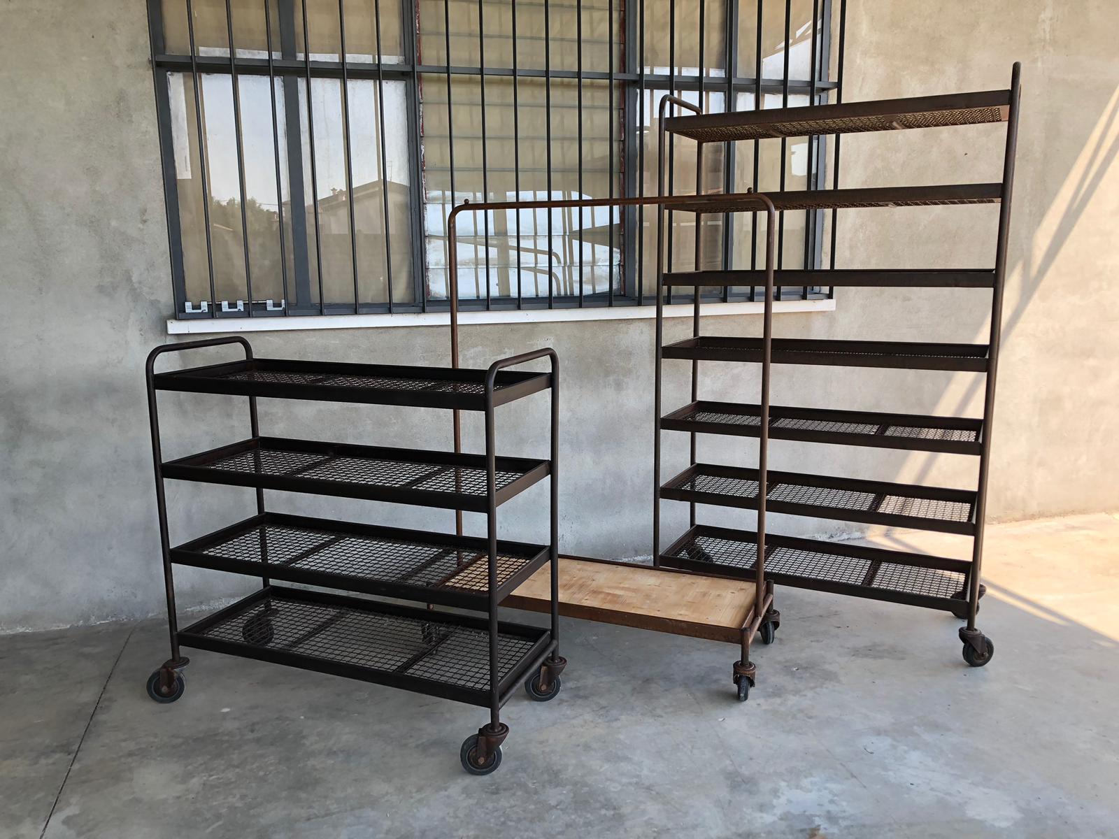 Four Shelves Industrial Iron Wheeled Trays, Different Sizes Available For Sale 5