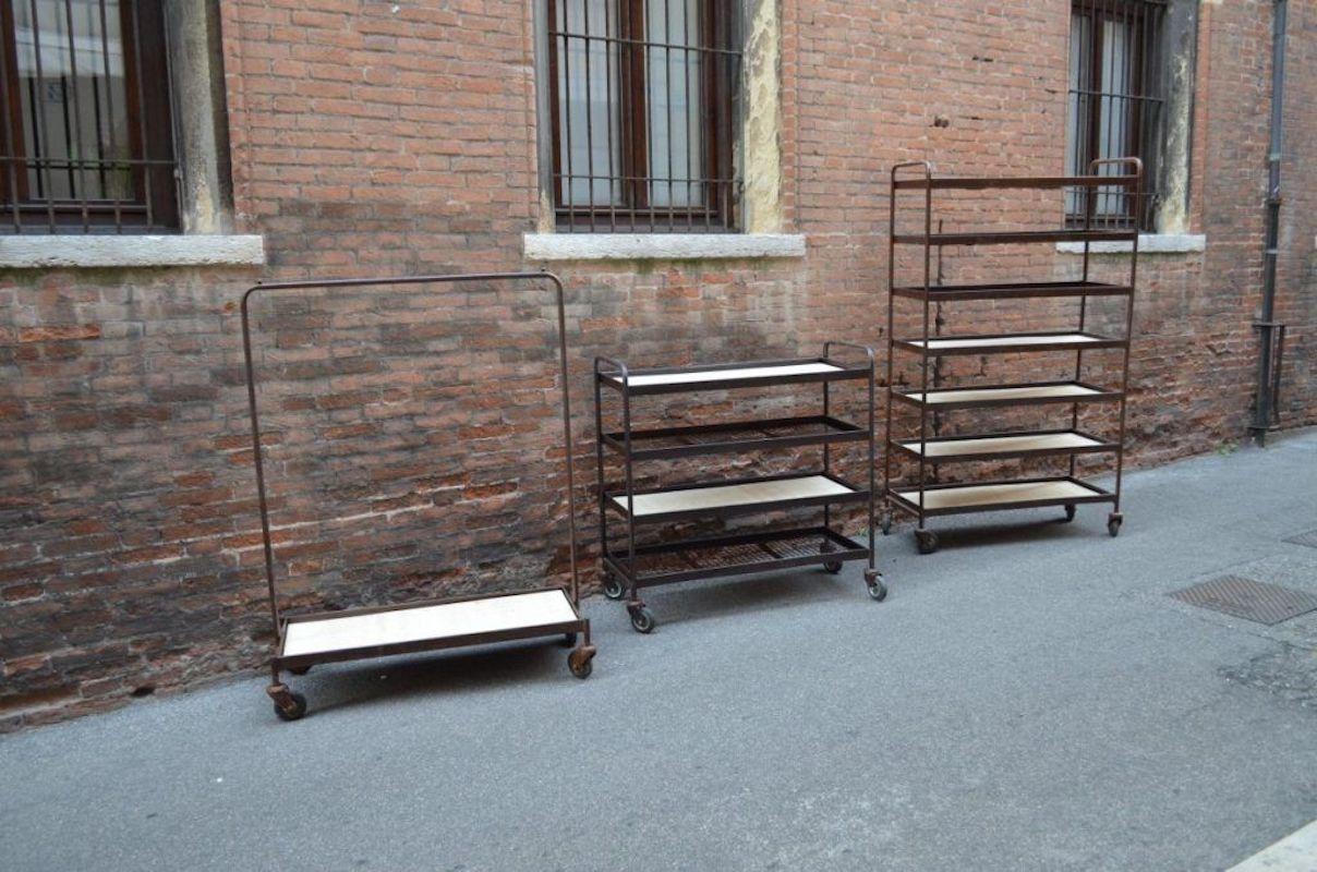 Four Shelves Industrial Iron Wheeled Trays, Different Sizes Available For Sale 2