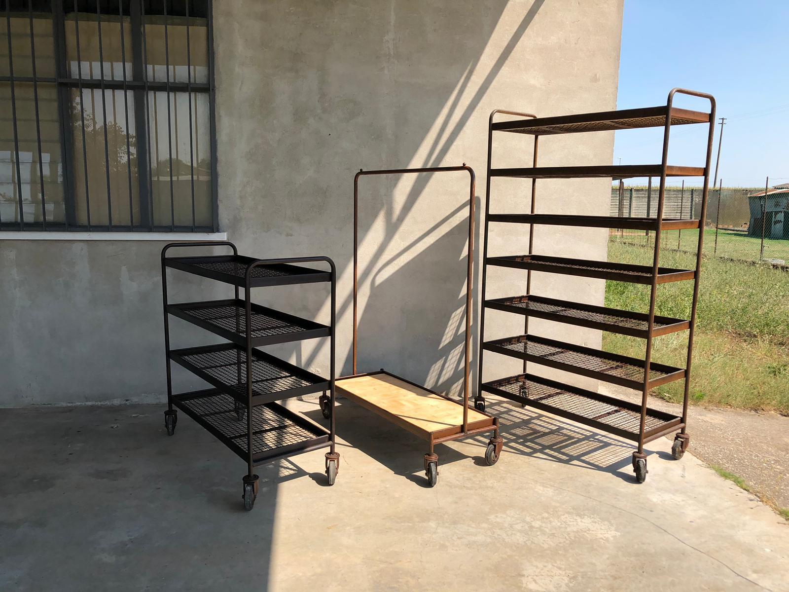 Four Shelves Industrial Iron Wheeled Trays, Different Sizes Available For Sale 3