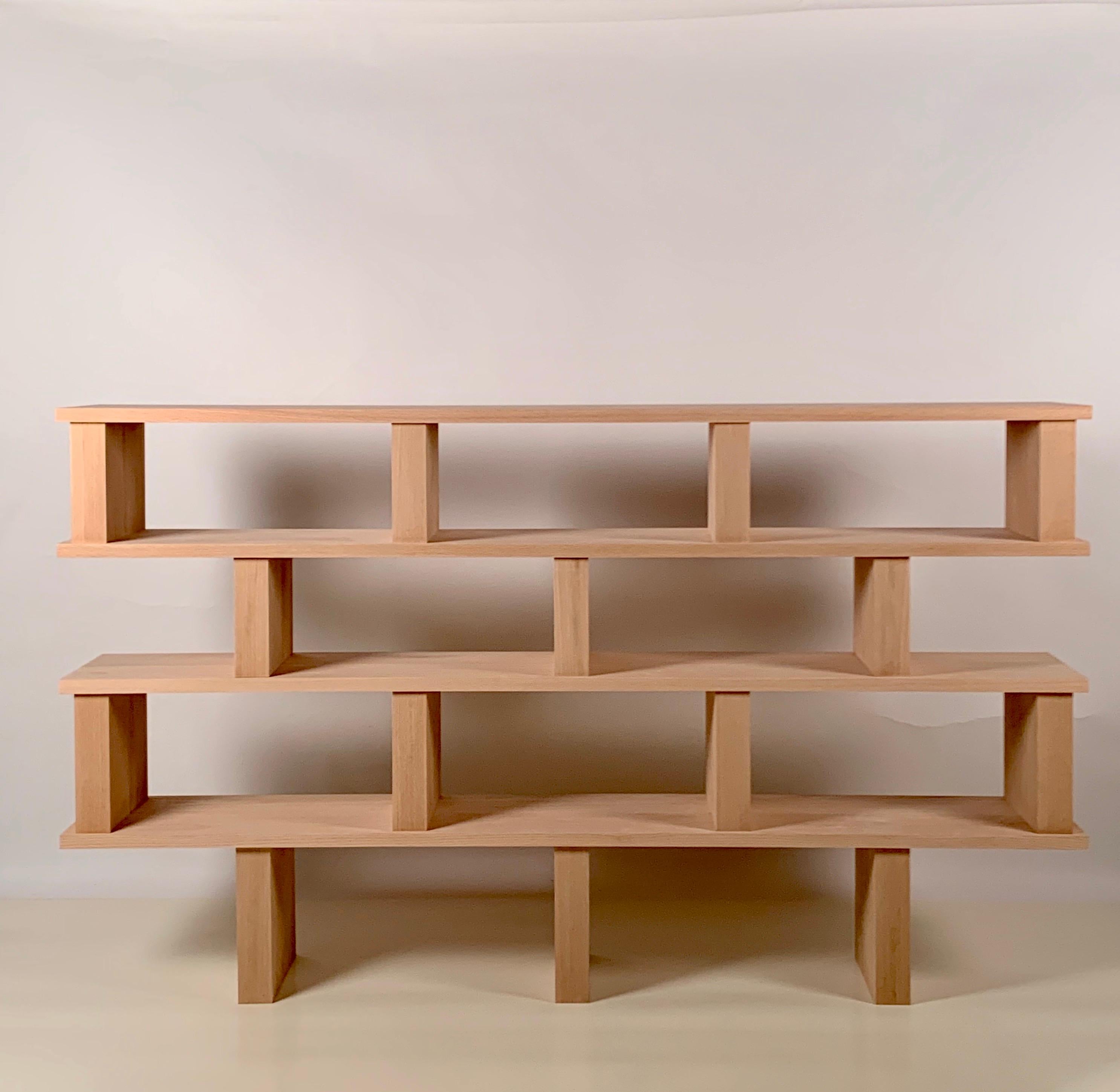 Four shelves 'Verticale' polished oak shelving unit.

Highest quality solid oak construction.

Comes in 2 parts connected with dowels, for easy shipping, installation and moving.