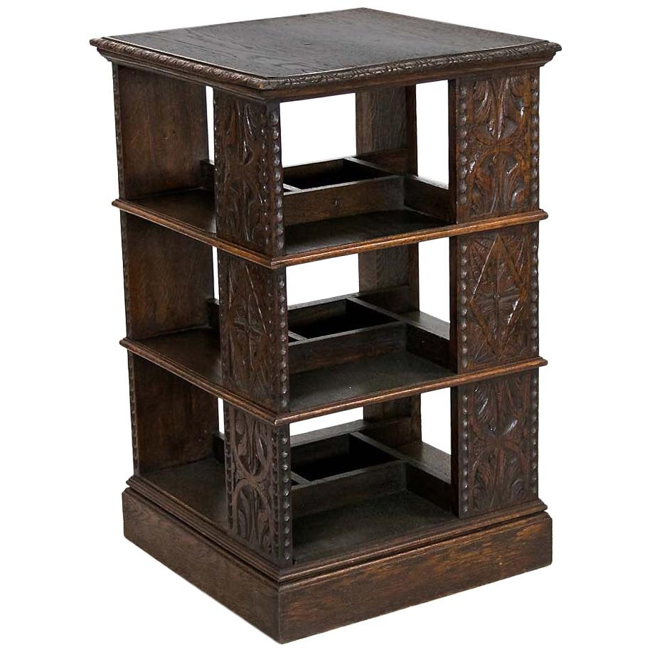 Four Sided Carved Oak English Bookstand For Sale