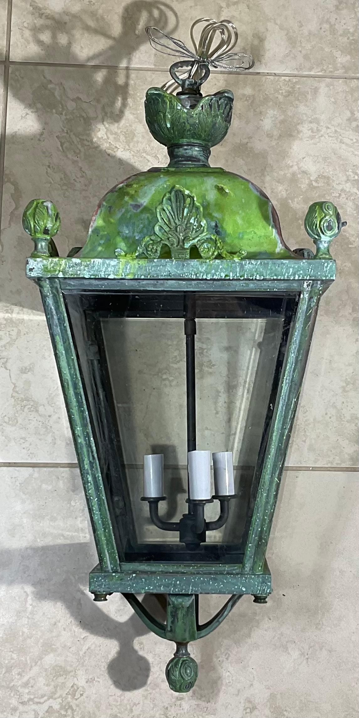 American Four-Sides Brass and Bronze Vintage Hanging Lantern