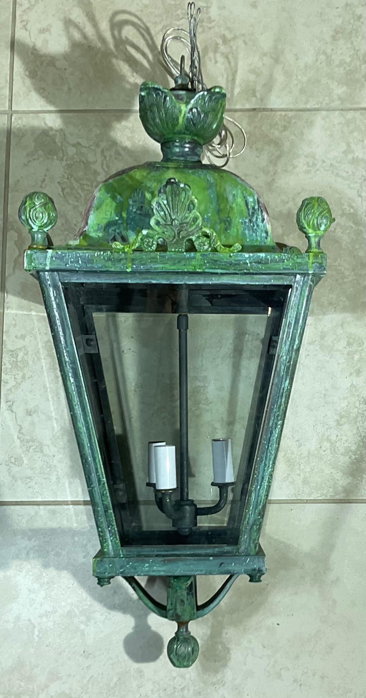 Hand-Crafted Four-Sides Brass and Bronze Vintage Hanging Lantern