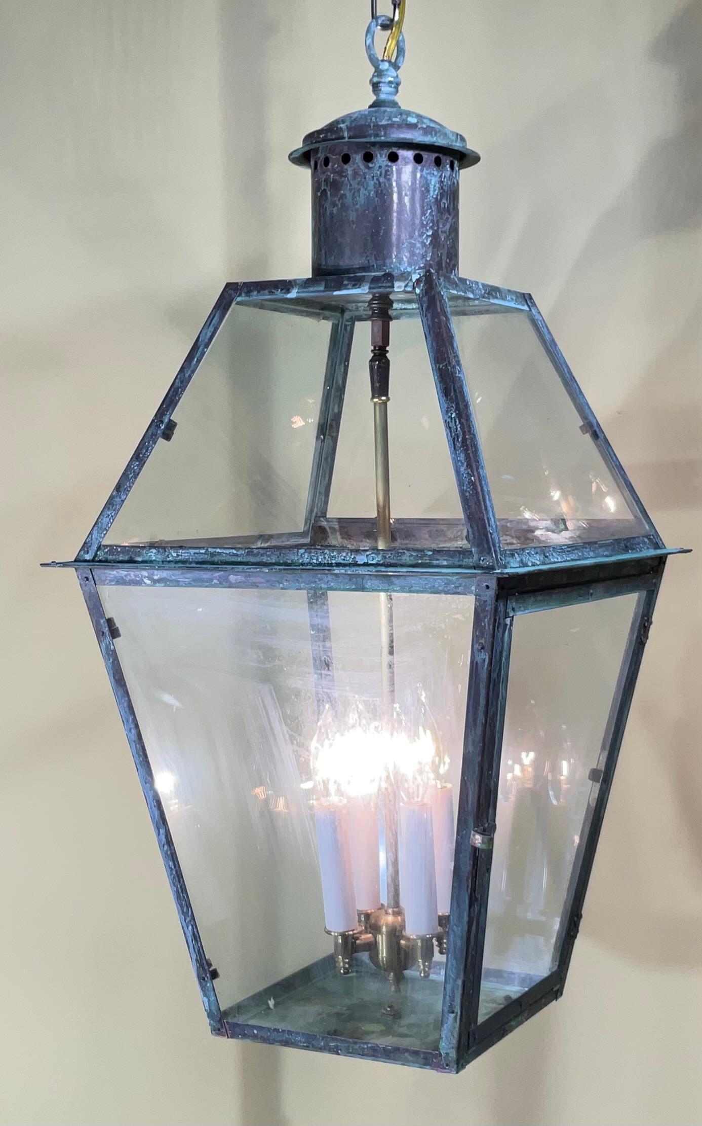 Hand-Crafted Four-Sides Hanging Copper Lantern For Sale