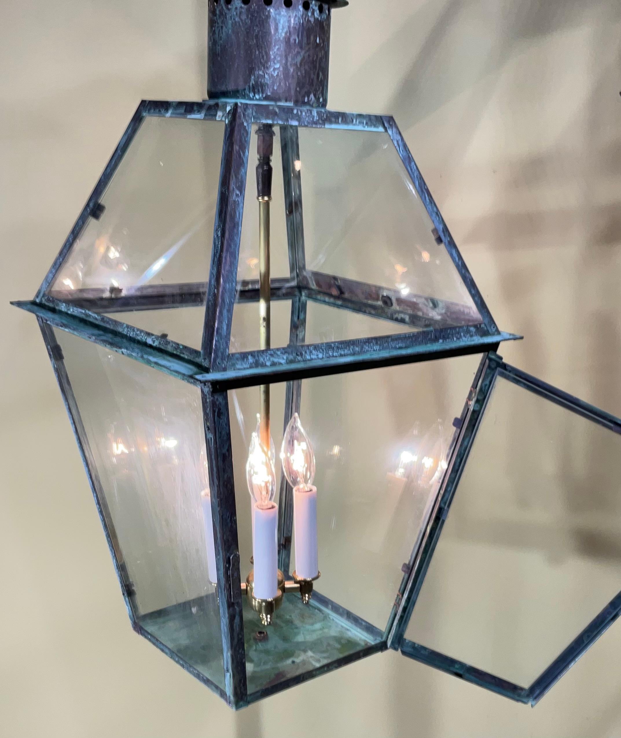 Four-Sides Hanging Copper Lantern In Good Condition For Sale In Delray Beach, FL