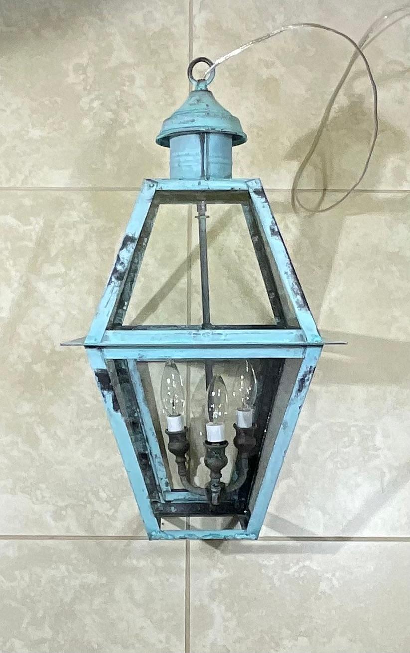 Four Sides Hanging Copper Lantern In Good Condition For Sale In Delray Beach, FL