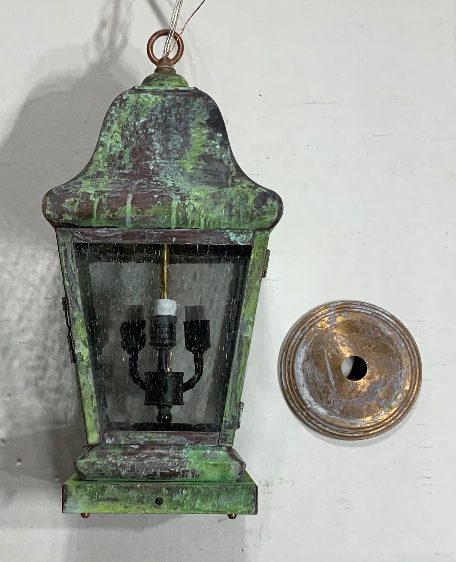 Four Sides Quality Solid Brass Hanging Lantern In Good Condition For Sale In Delray Beach, FL