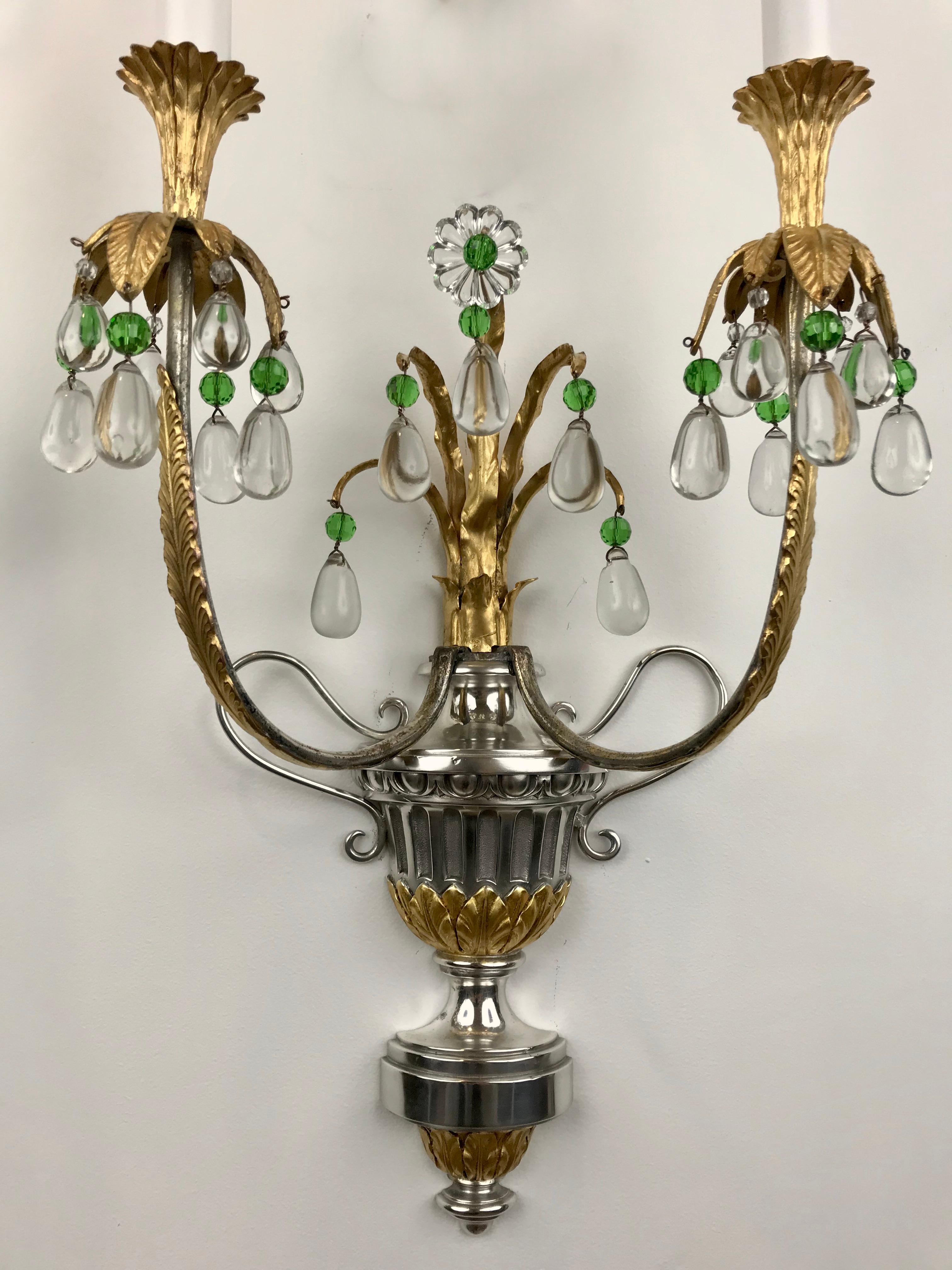  Four Silver and Gilt Bronze Sconces with Green Crystal Accents by Caldwell For Sale 5