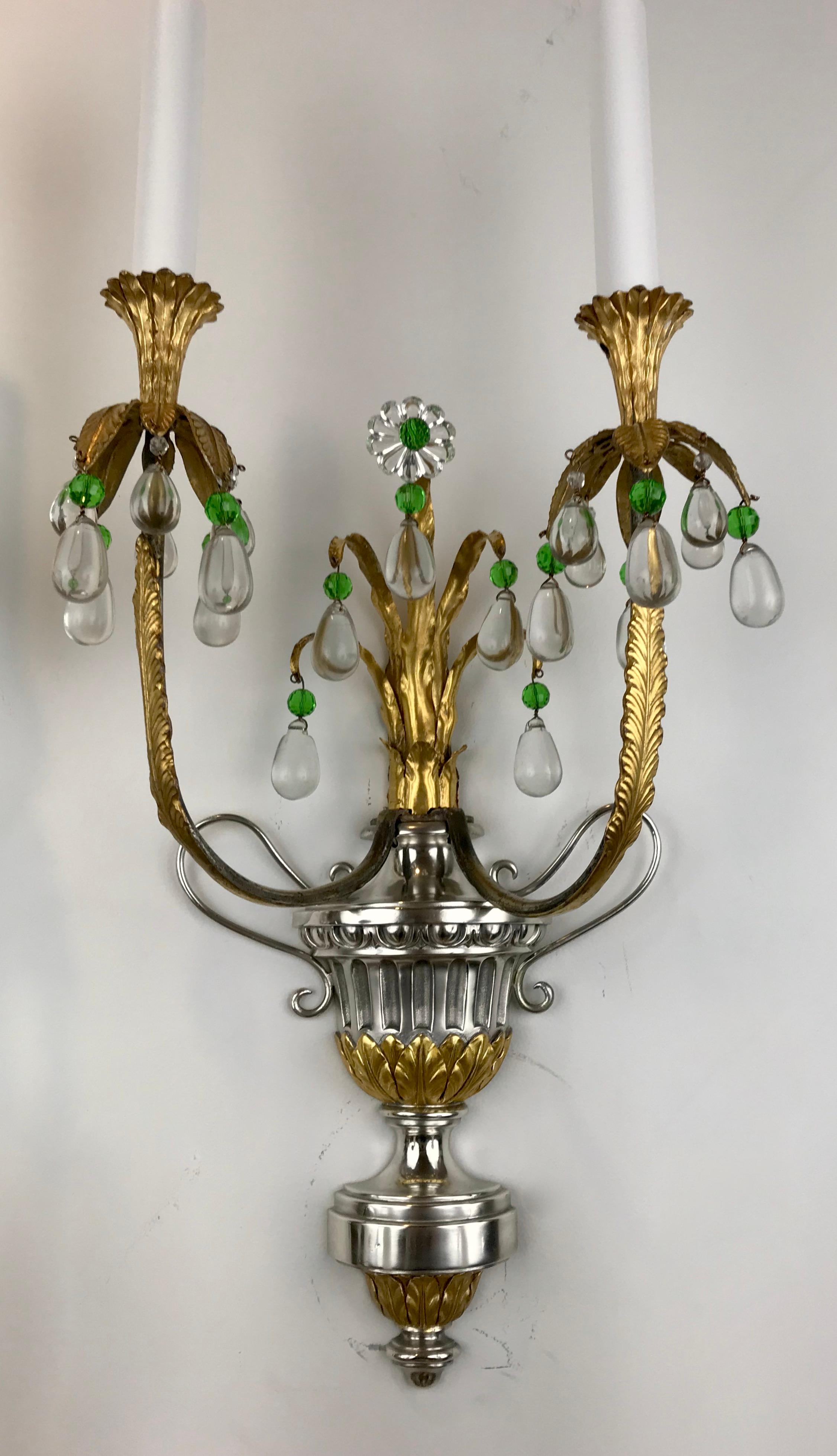  Four Silver and Gilt Bronze Sconces with Green Crystal Accents by Caldwell For Sale 6