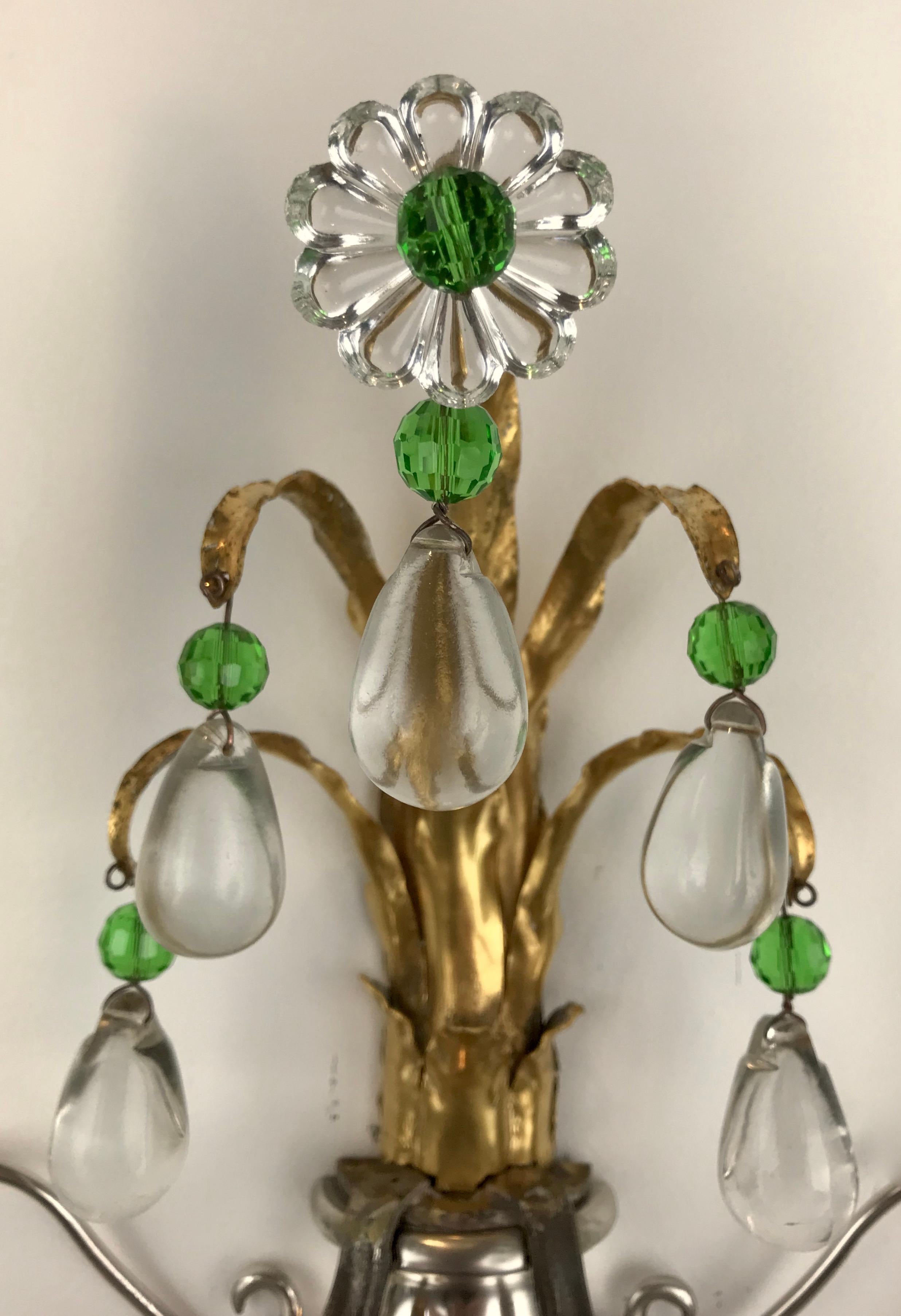  Four Silver and Gilt Bronze Sconces with Green Crystal Accents by Caldwell For Sale 7