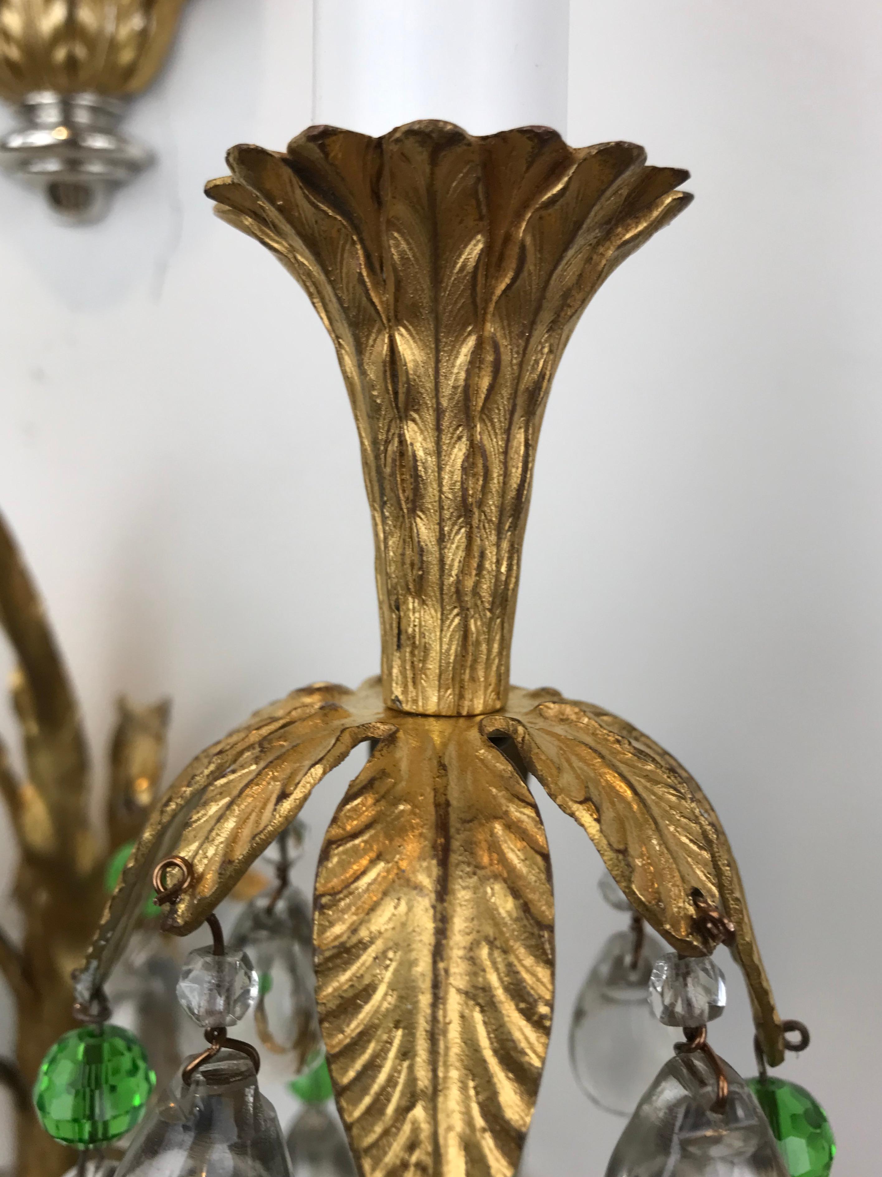  Four Silver and Gilt Bronze Sconces with Green Crystal Accents by Caldwell For Sale 8