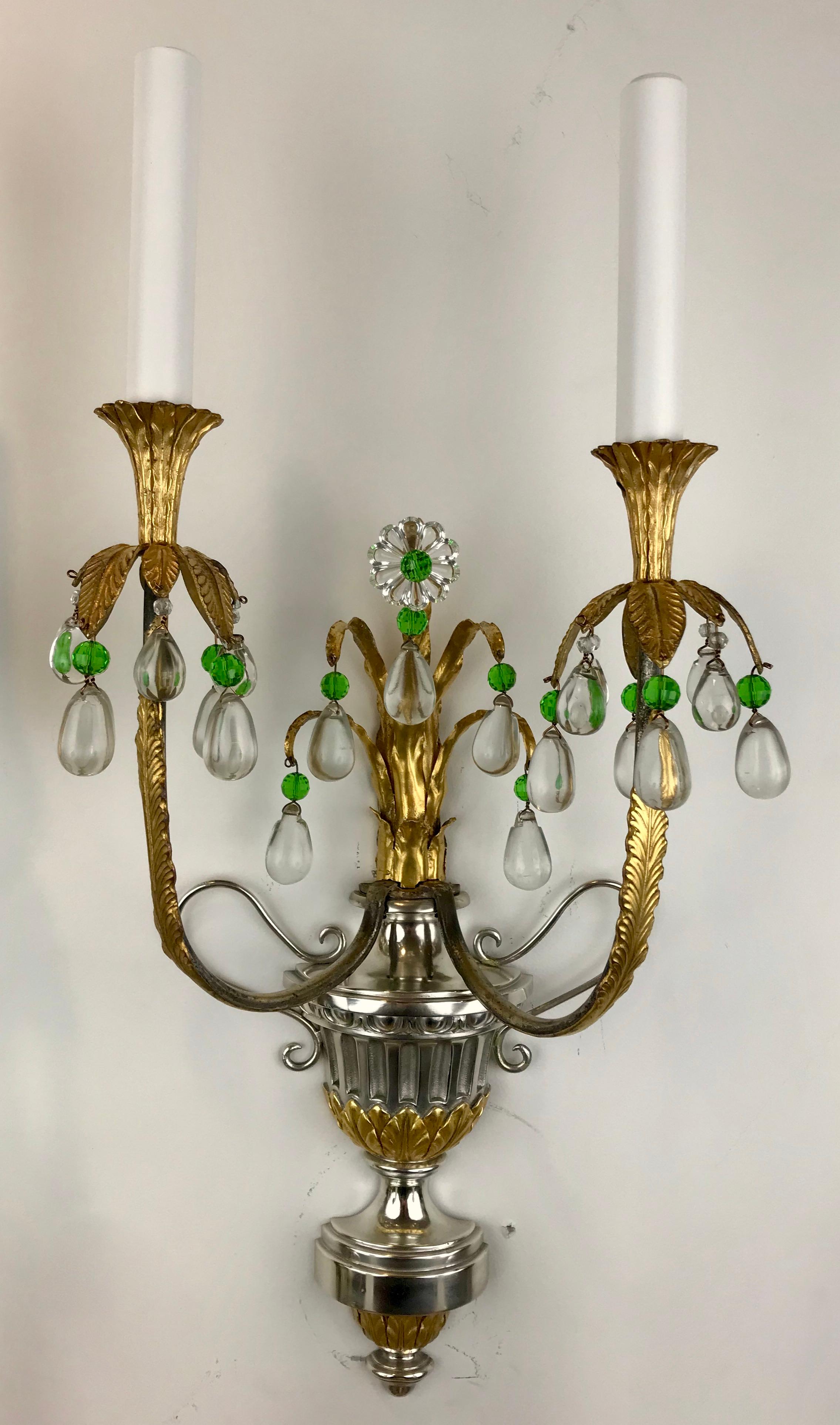  Four Silver and Gilt Bronze Sconces with Green Crystal Accents by Caldwell For Sale 9