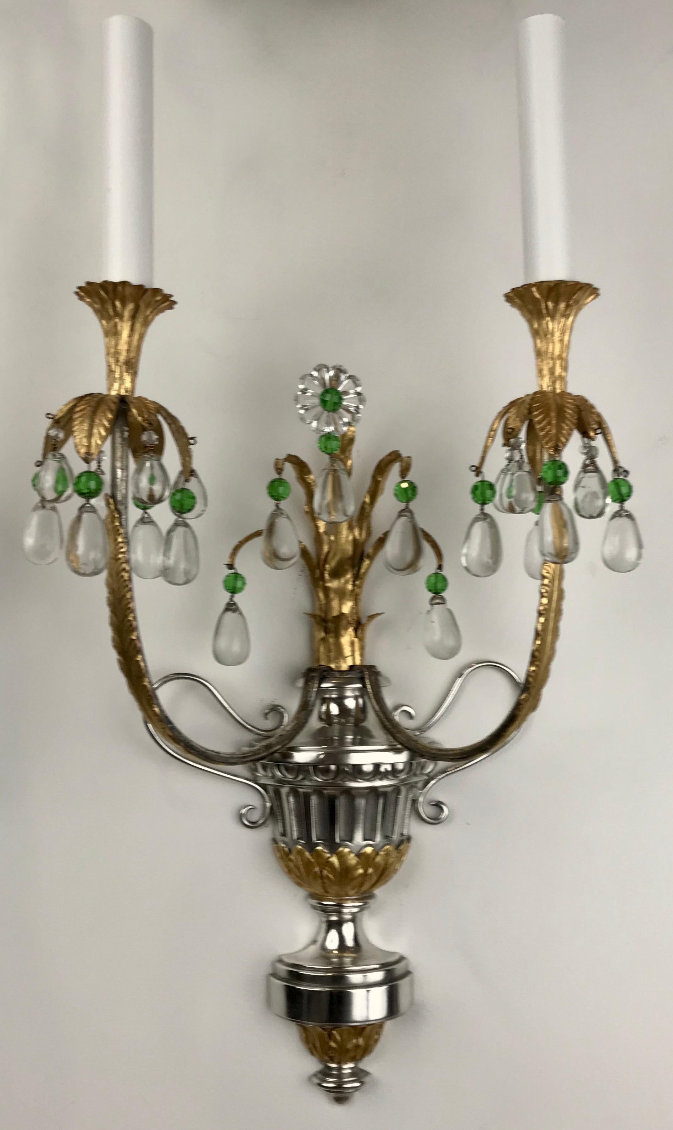 Hollywood Regency  Four Silver and Gilt Bronze Sconces with Green Crystal Accents by Caldwell For Sale