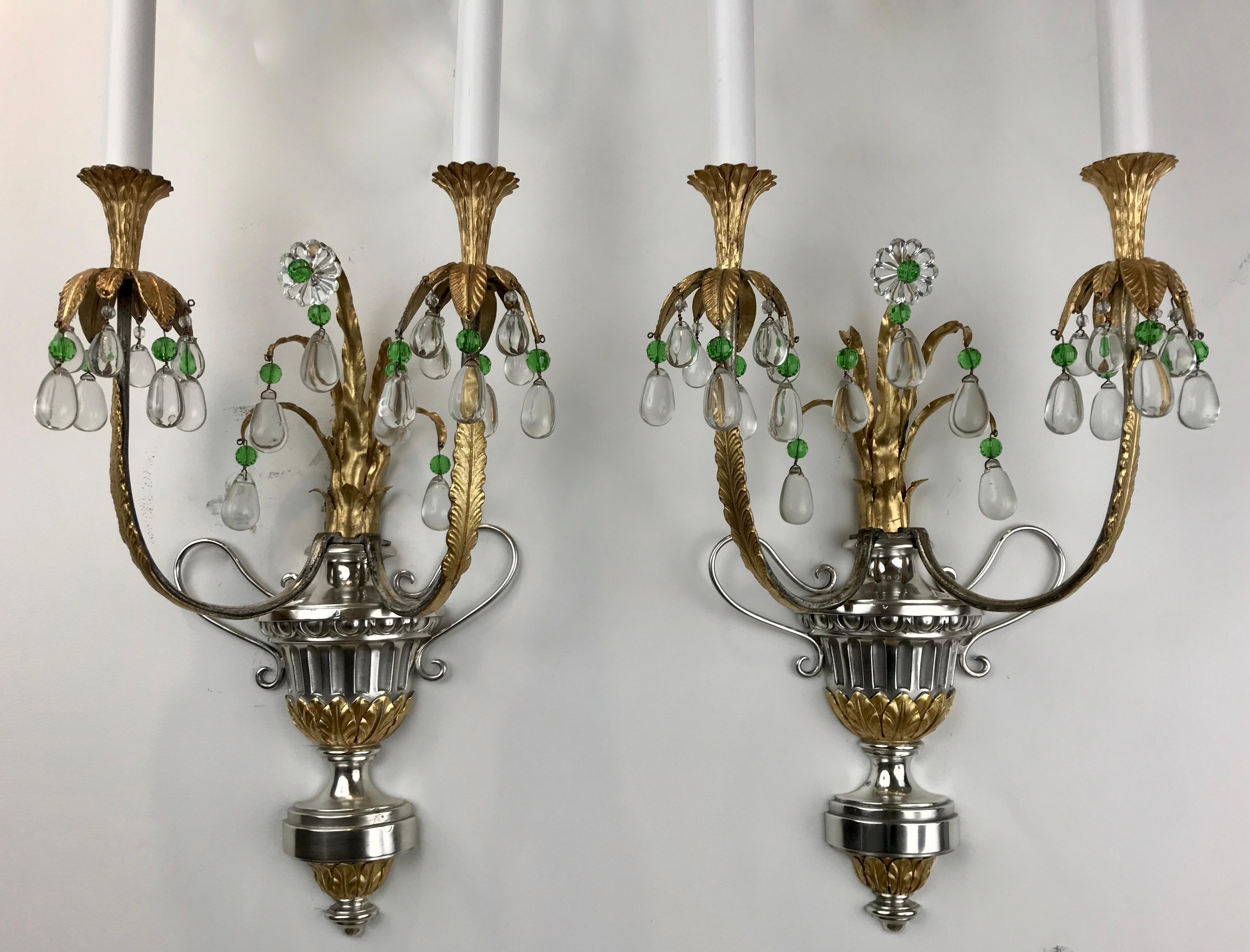 American  Four Silver and Gilt Bronze Sconces with Green Crystal Accents by Caldwell For Sale