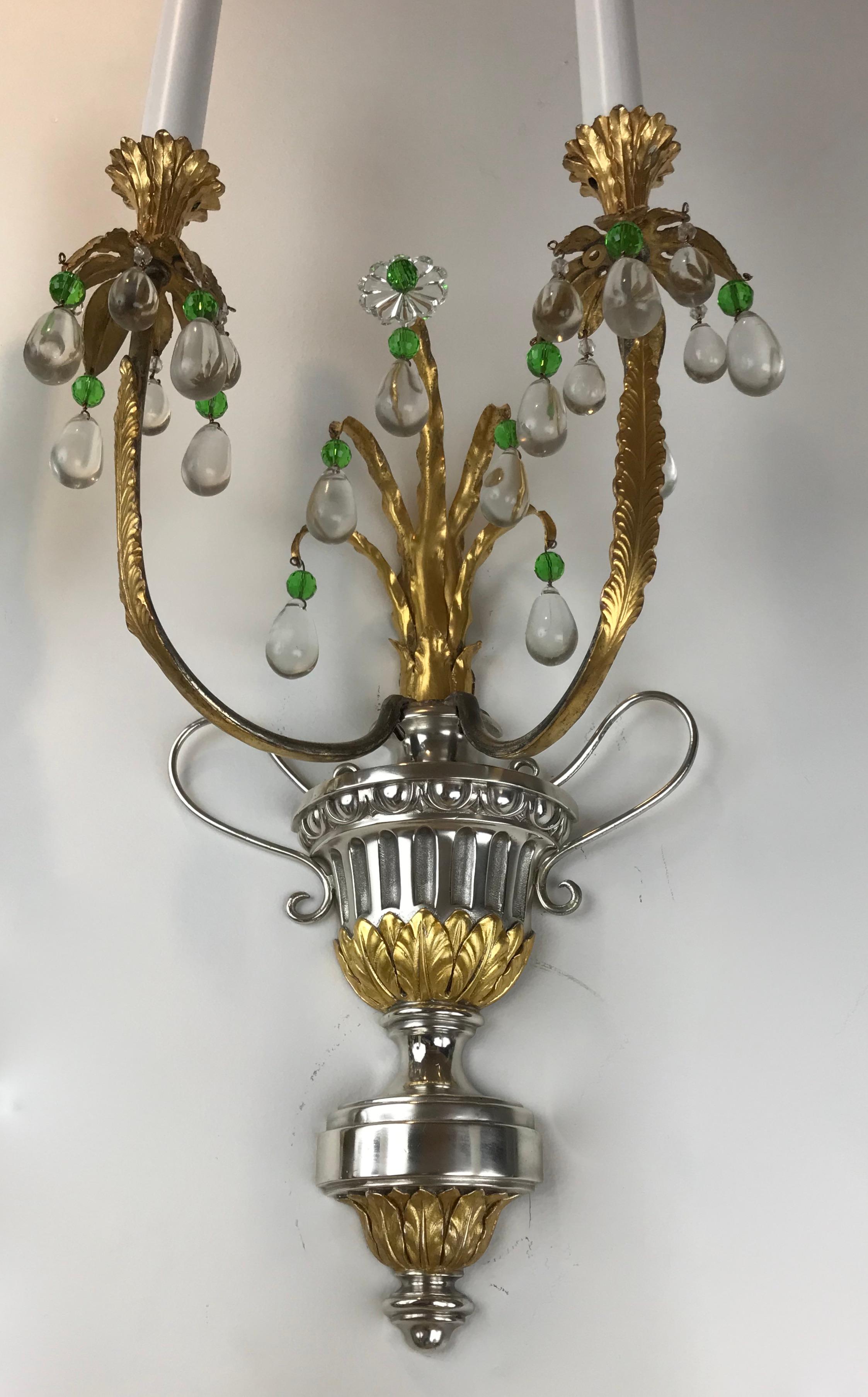  Four Silver and Gilt Bronze Sconces with Green Crystal Accents by Caldwell In Good Condition For Sale In Pittsburgh, PA