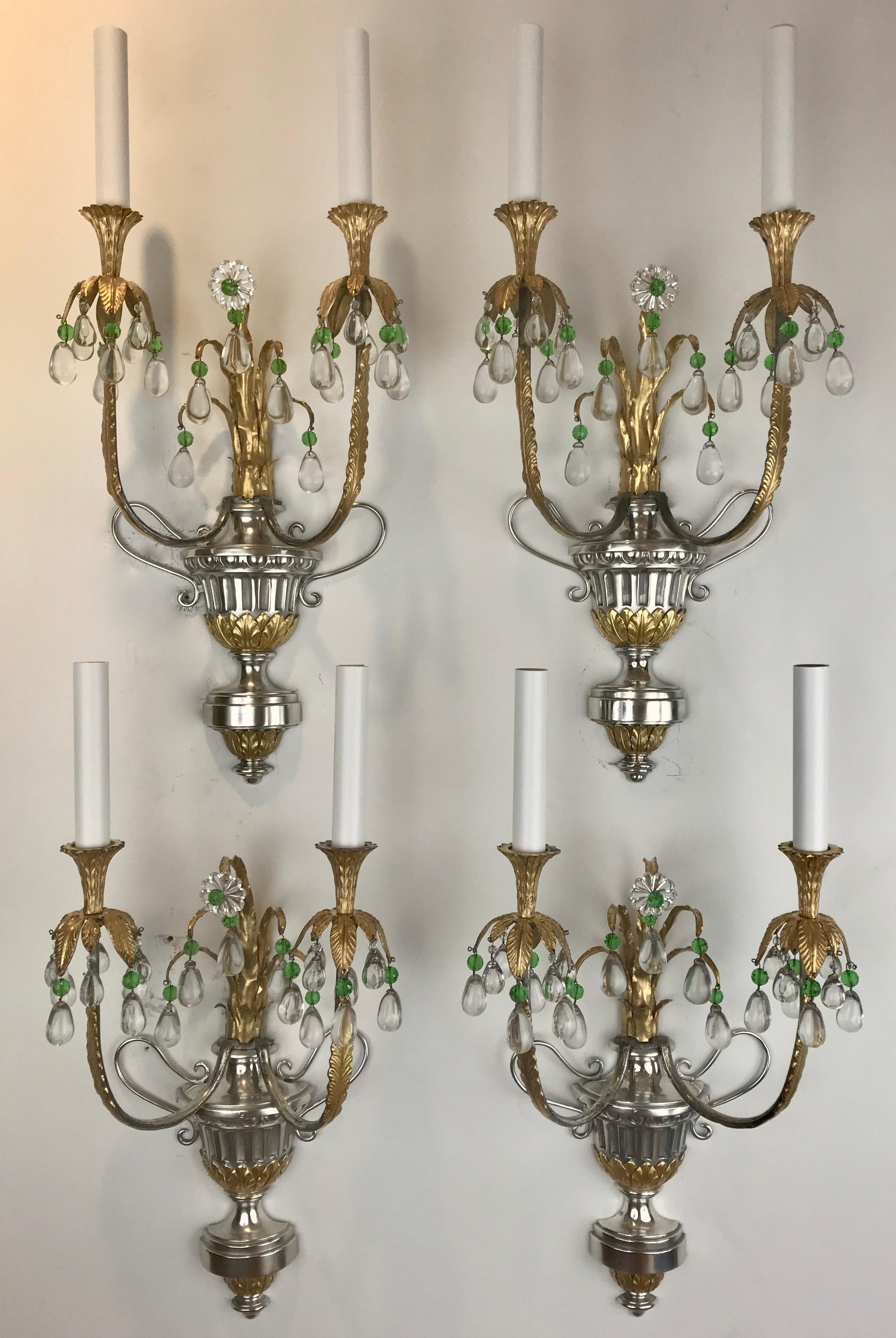  Four Silver and Gilt Bronze Sconces with Green Crystal Accents by Caldwell For Sale 1