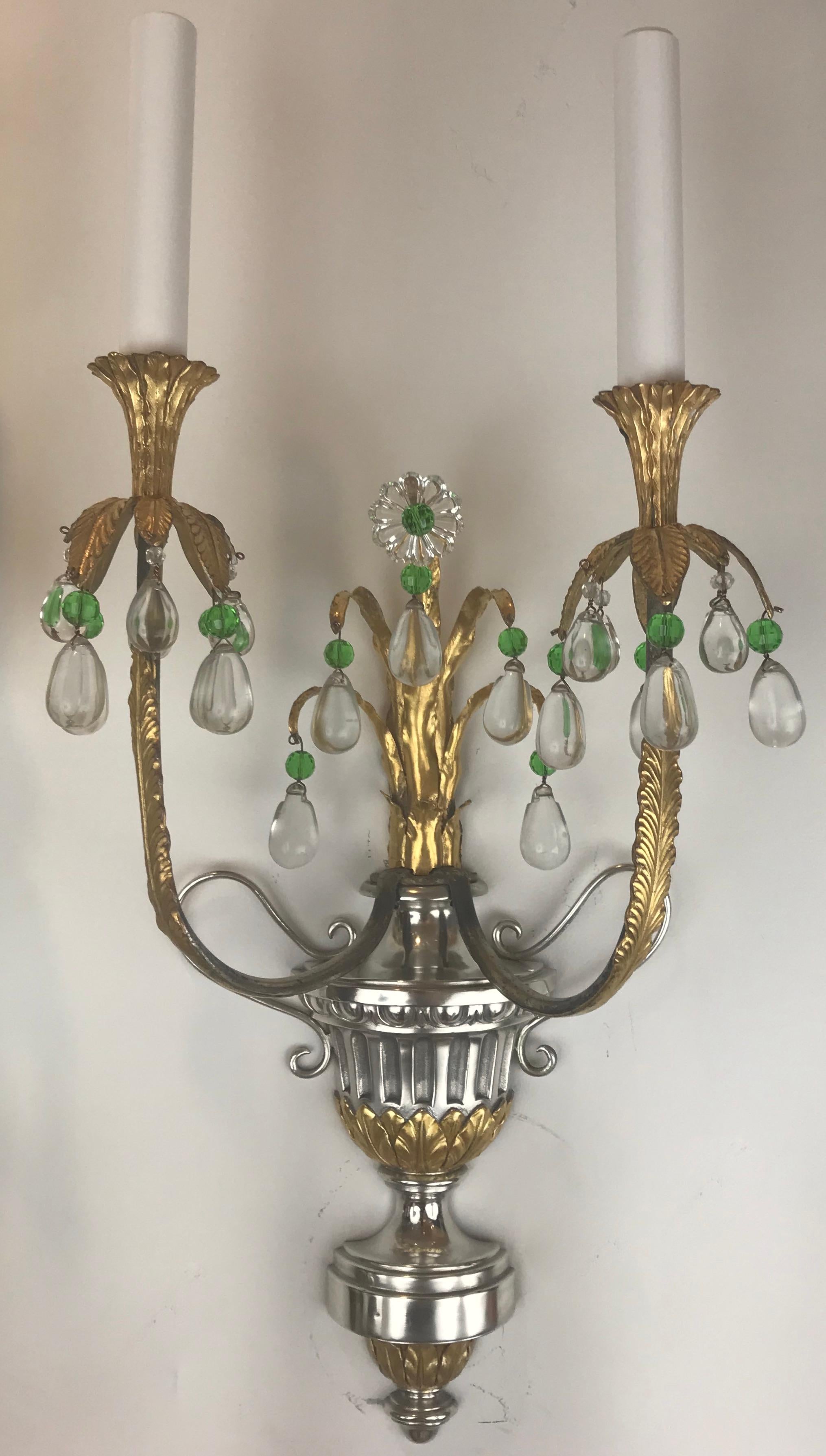  Four Silver and Gilt Bronze Sconces with Green Crystal Accents by Caldwell For Sale 2