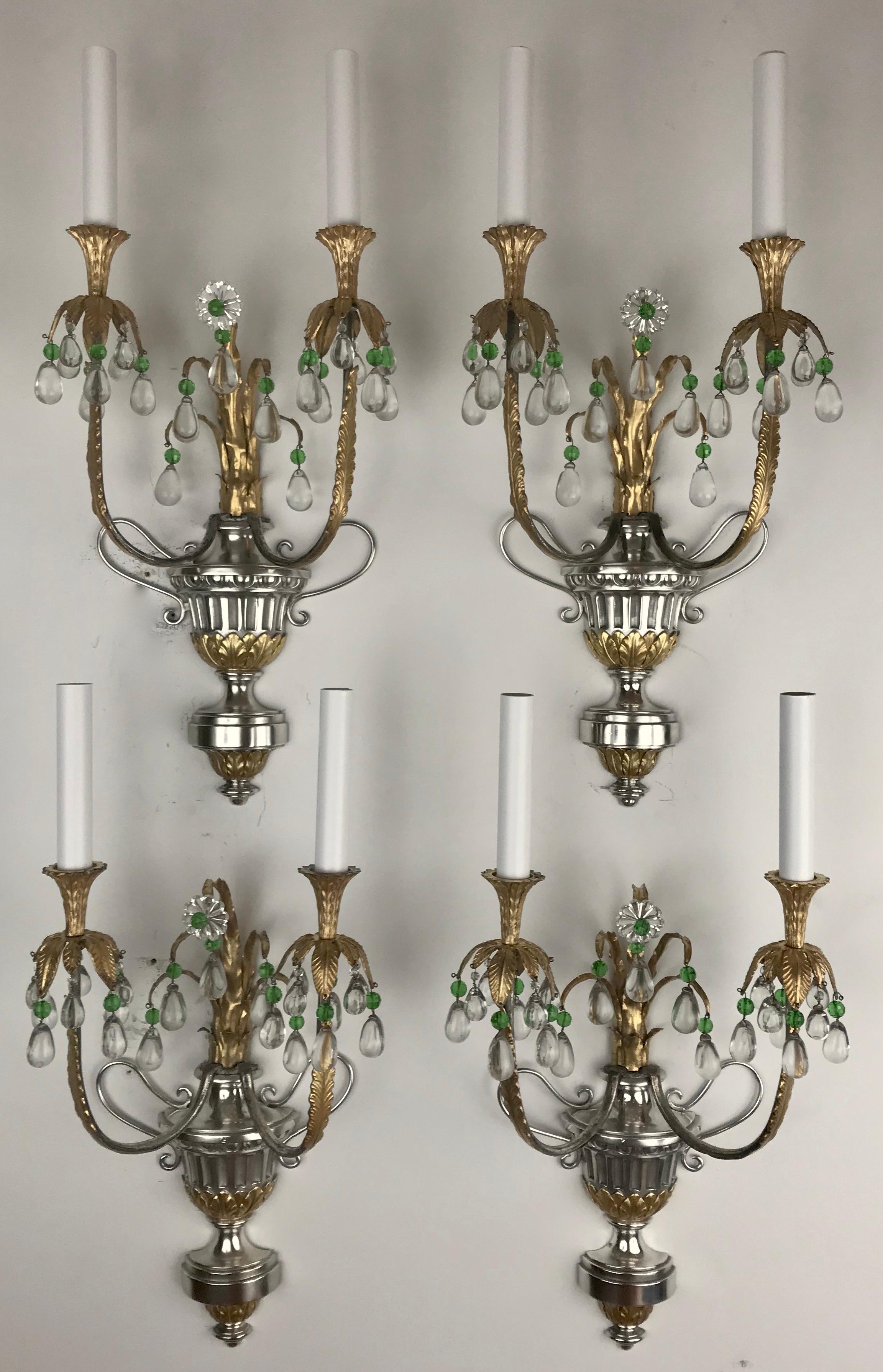  Four Silver and Gilt Bronze Sconces with Green Crystal Accents by Caldwell For Sale 3