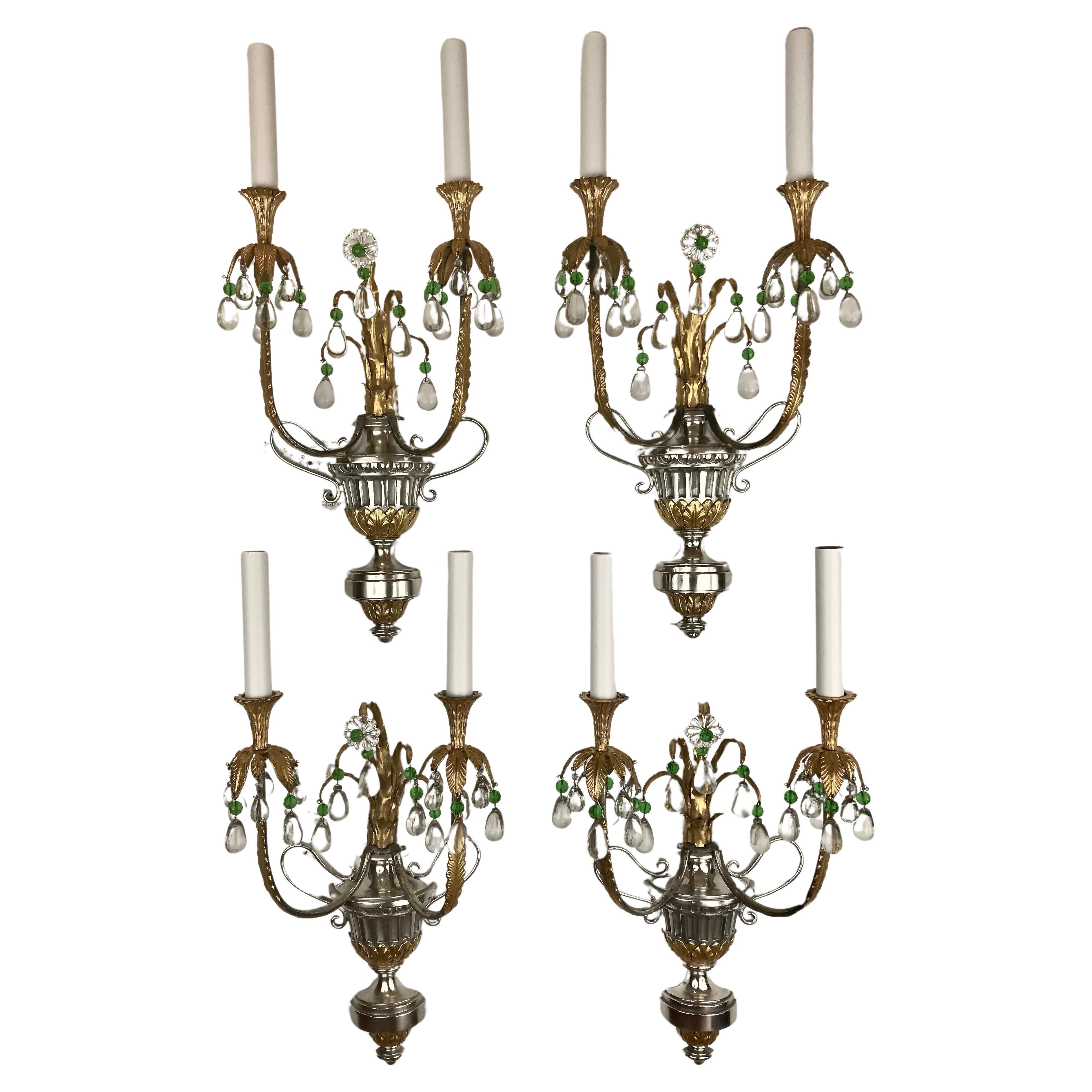  Four Silver and Gilt Bronze Sconces with Green Crystal Accents by Caldwell For Sale