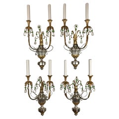  Four Silver and Gilt Bronze Sconces with Green Crystal Accents by Caldwell