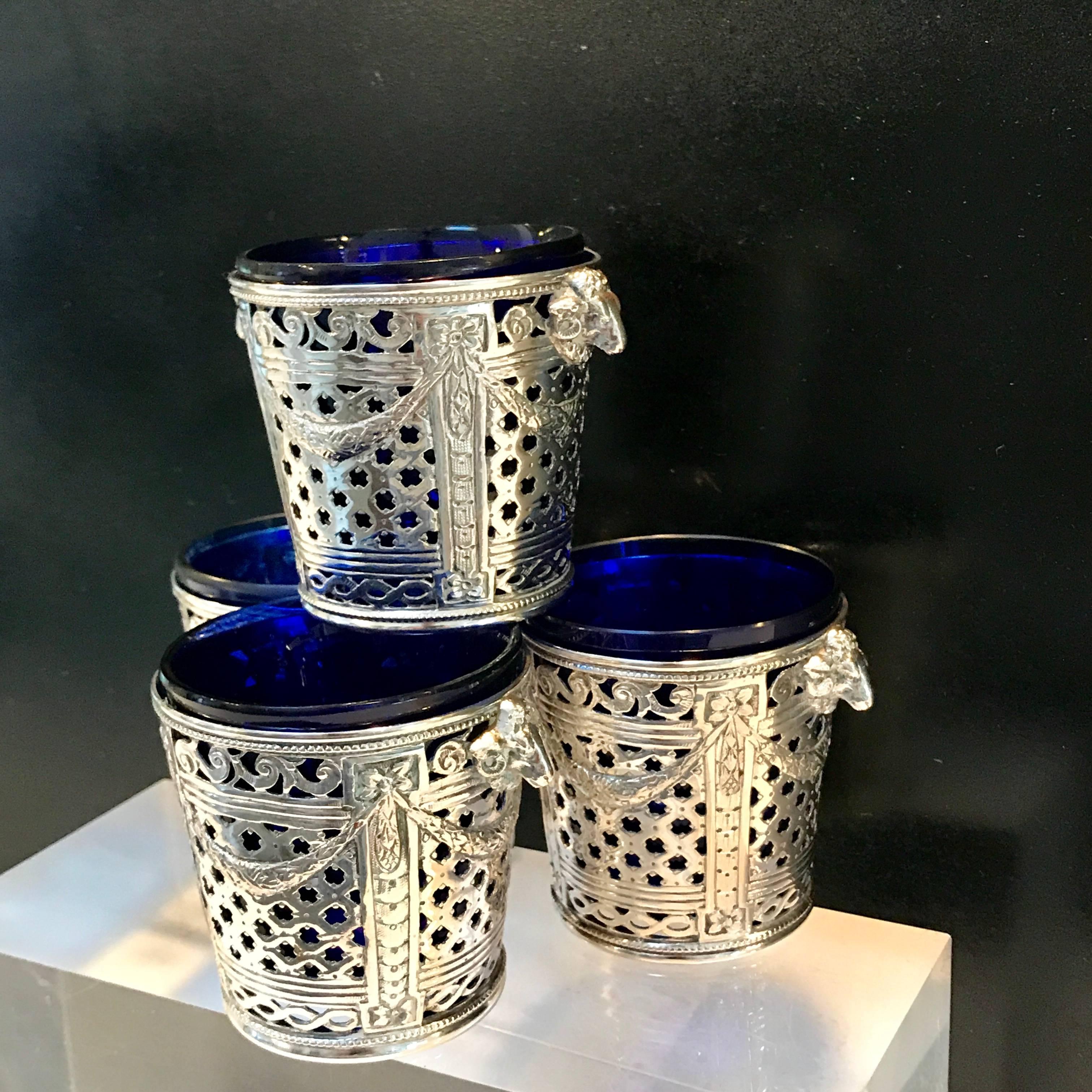 German Four Silver Louis XVI Style Cachepots or Salts, with Cobalt Blue Glass Liners