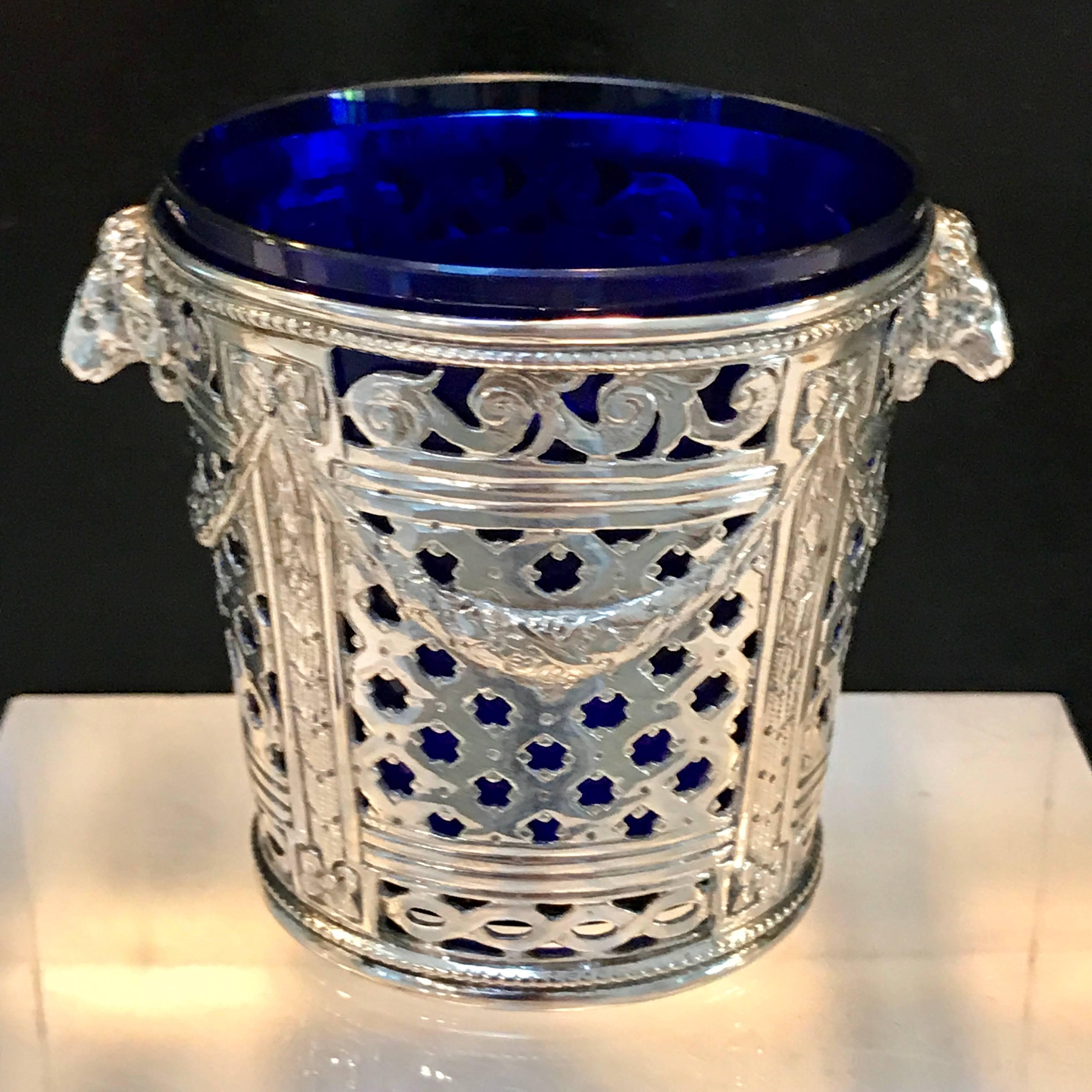 Four Silver Louis XVI Style Cachepots or Salts, with Cobalt Blue Glass Liners In Excellent Condition In West Palm Beach, FL