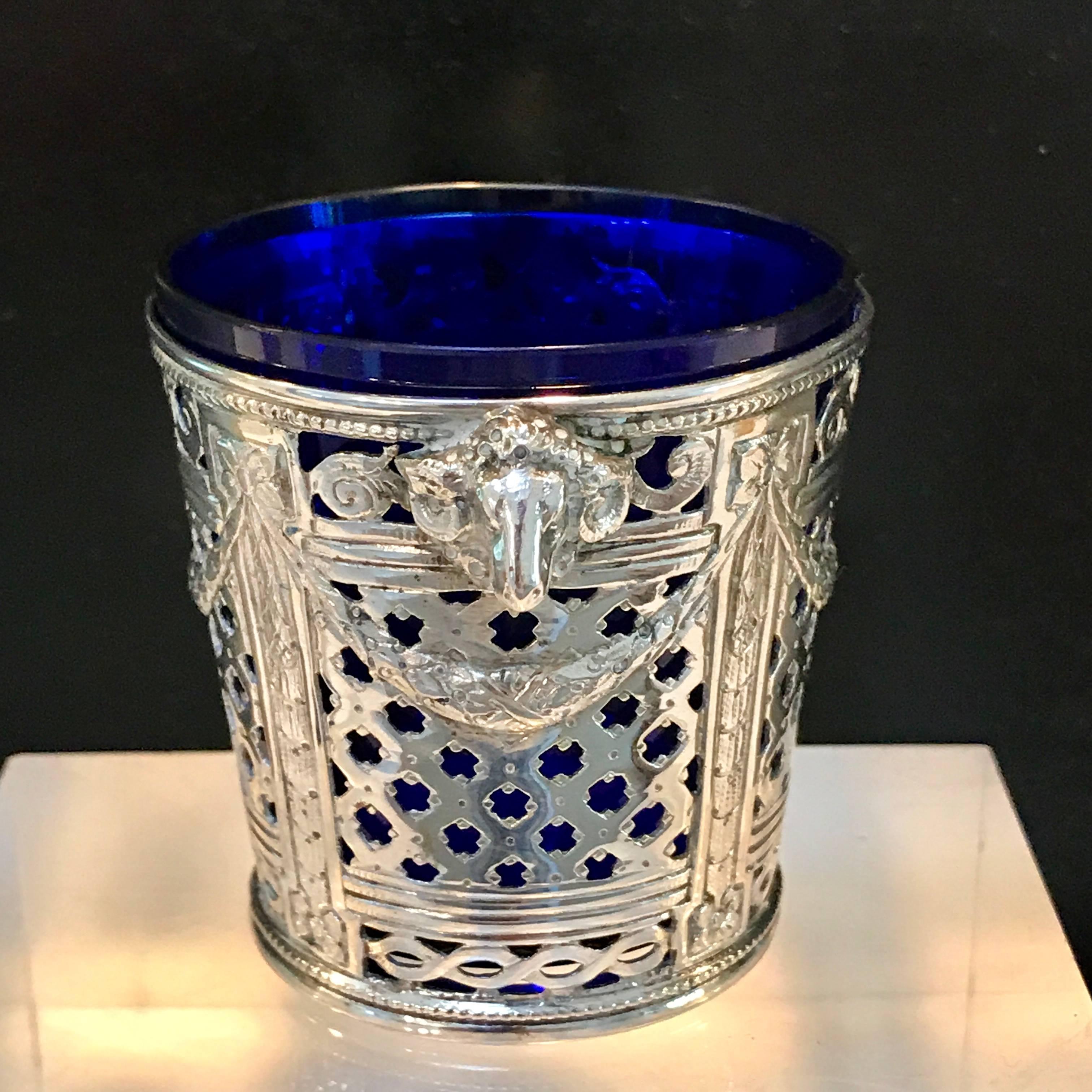 20th Century Four Silver Louis XVI Style Cachepots or Salts, with Cobalt Blue Glass Liners