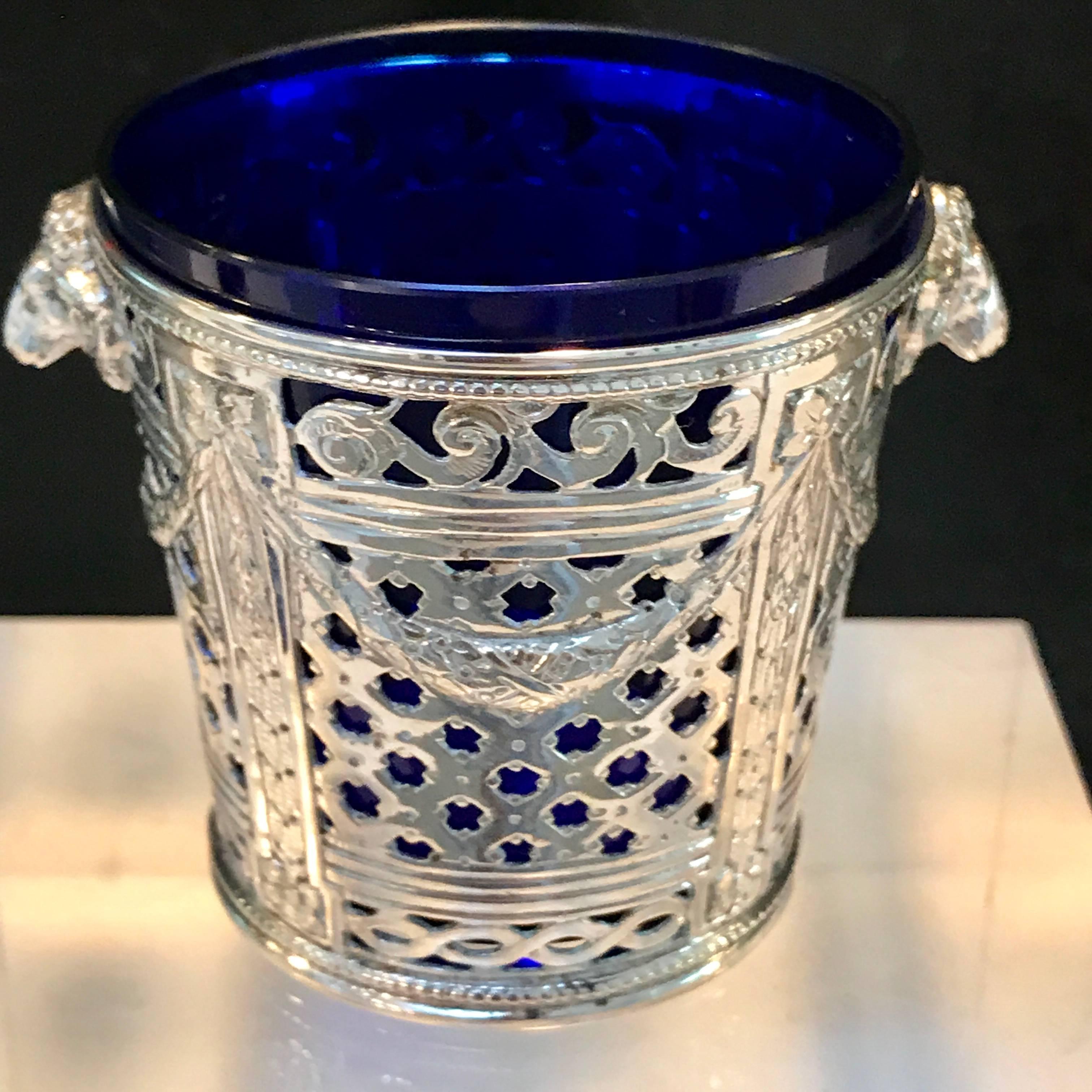 Four Silver Louis XVI Style Cachepots or Salts, with Cobalt Blue Glass Liners 1