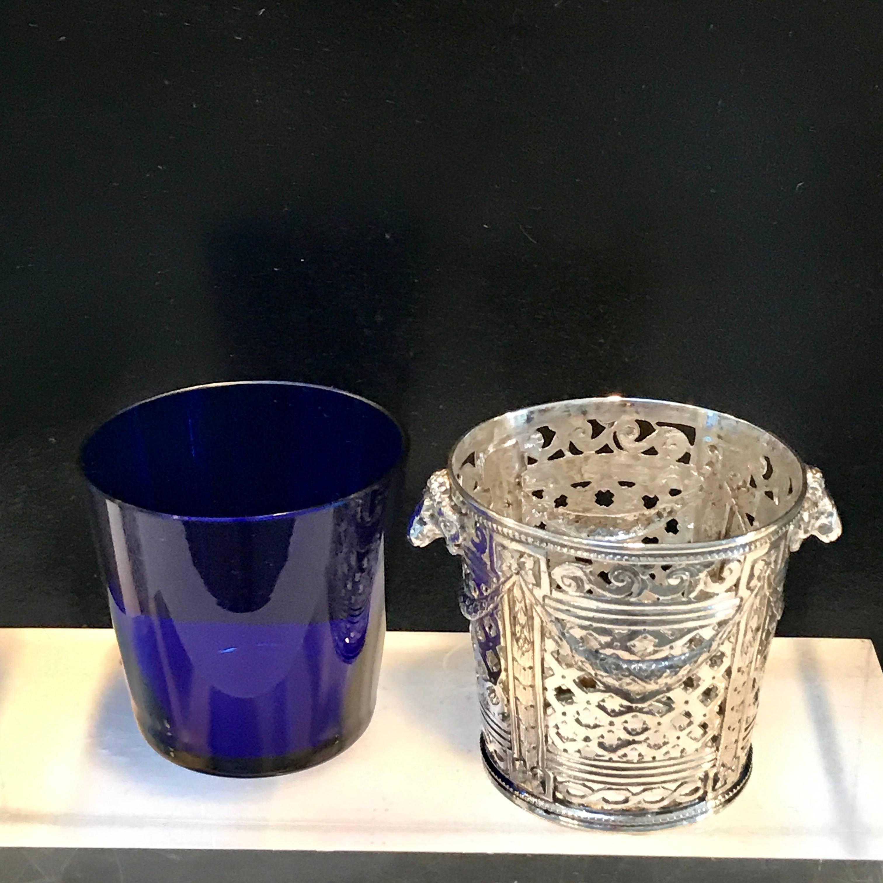 Four Silver Louis XVI Style Cachepots or Salts, with Cobalt Blue Glass Liners 2