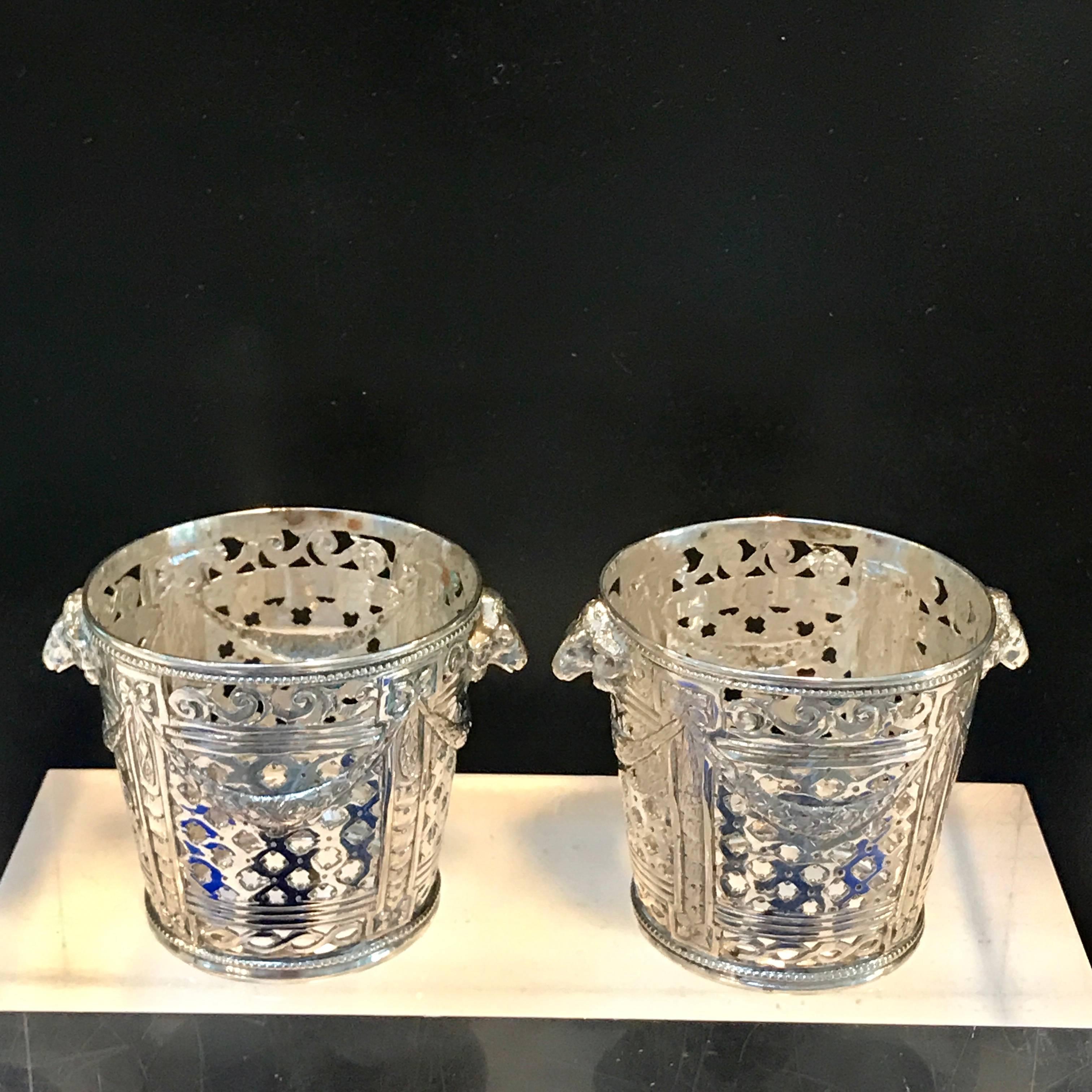 Four Silver Louis XVI Style Cachepots or Salts, with Cobalt Blue Glass Liners 4