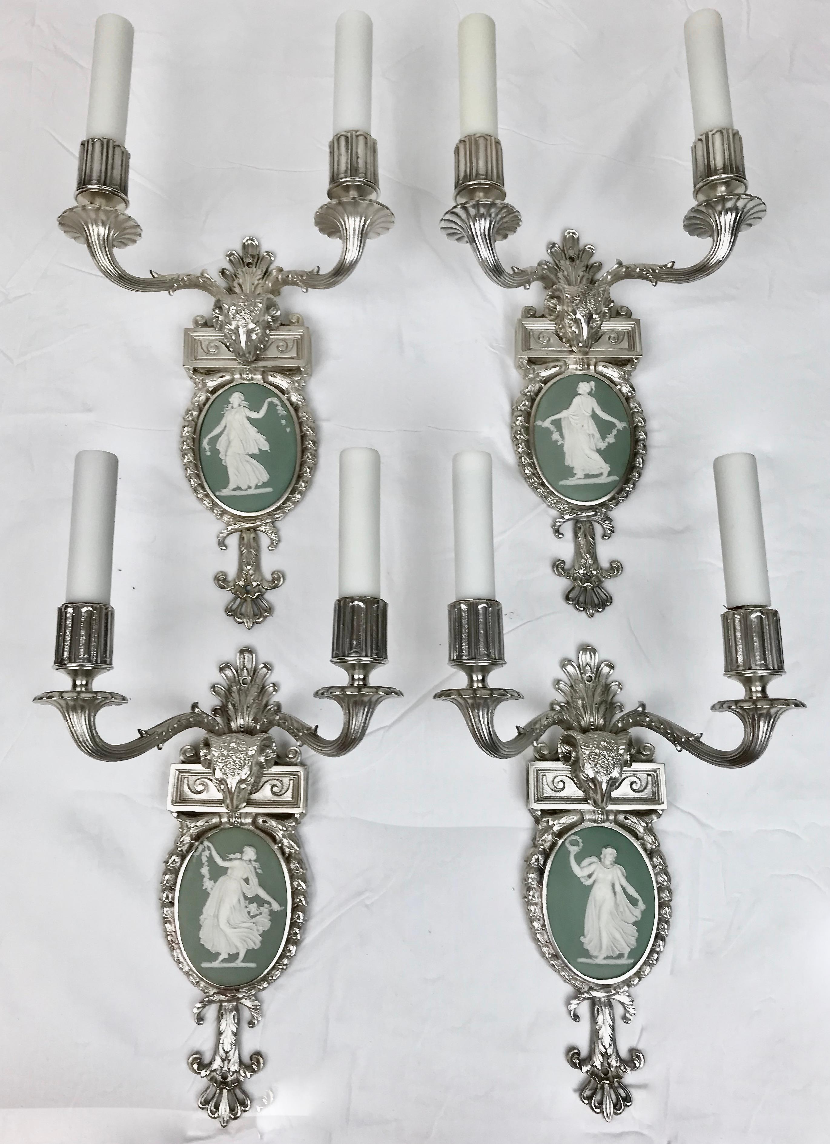 Four Silvered Bronze Adam Style Sconces With Green Wedgwood Plaques For Sale 5
