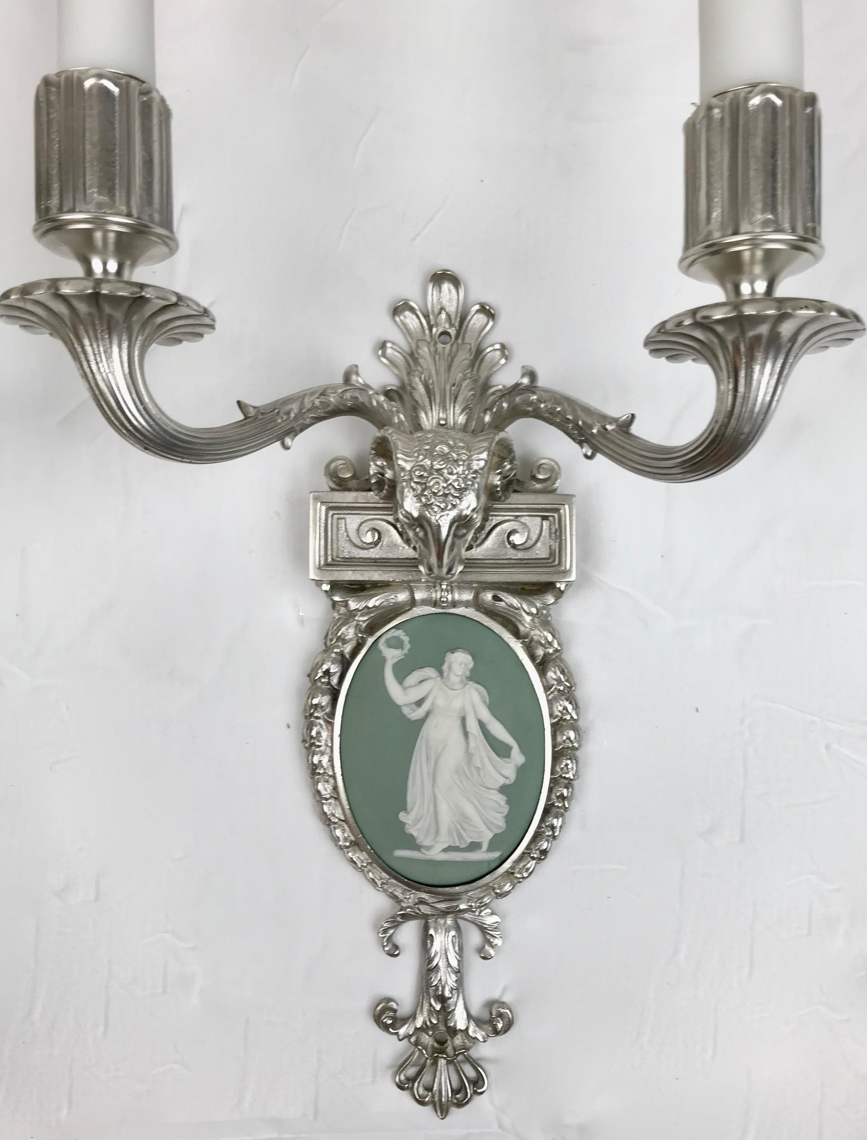 Four Silvered Bronze Adam Style Sconces With Green Wedgwood Plaques For Sale 7