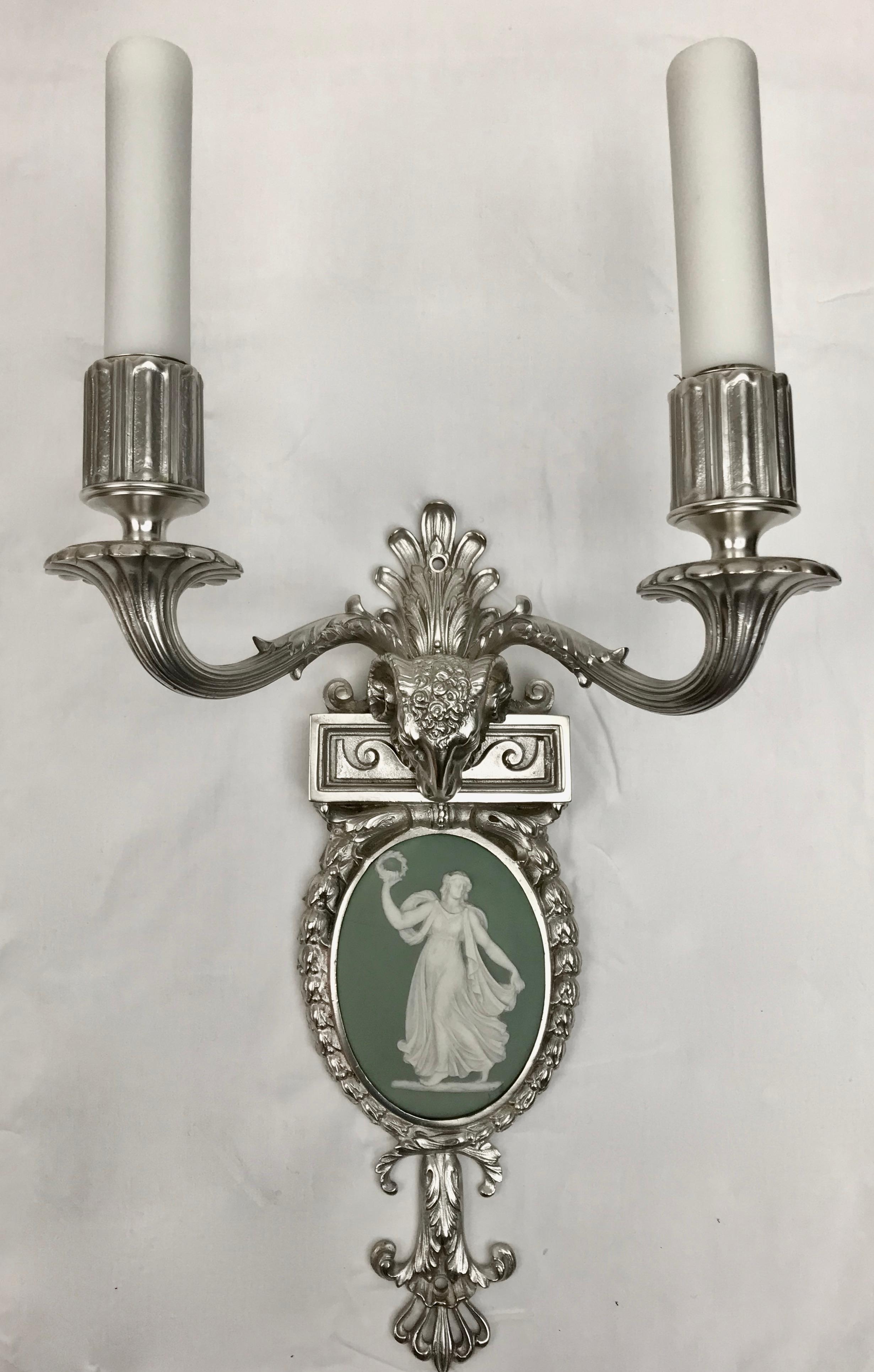 Four Silvered Bronze Adam Style Sconces With Green Wedgwood Plaques For Sale 9