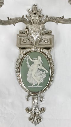 Four Silvered Bronze Adam Style Sconces With Green Wedgwood Plaques