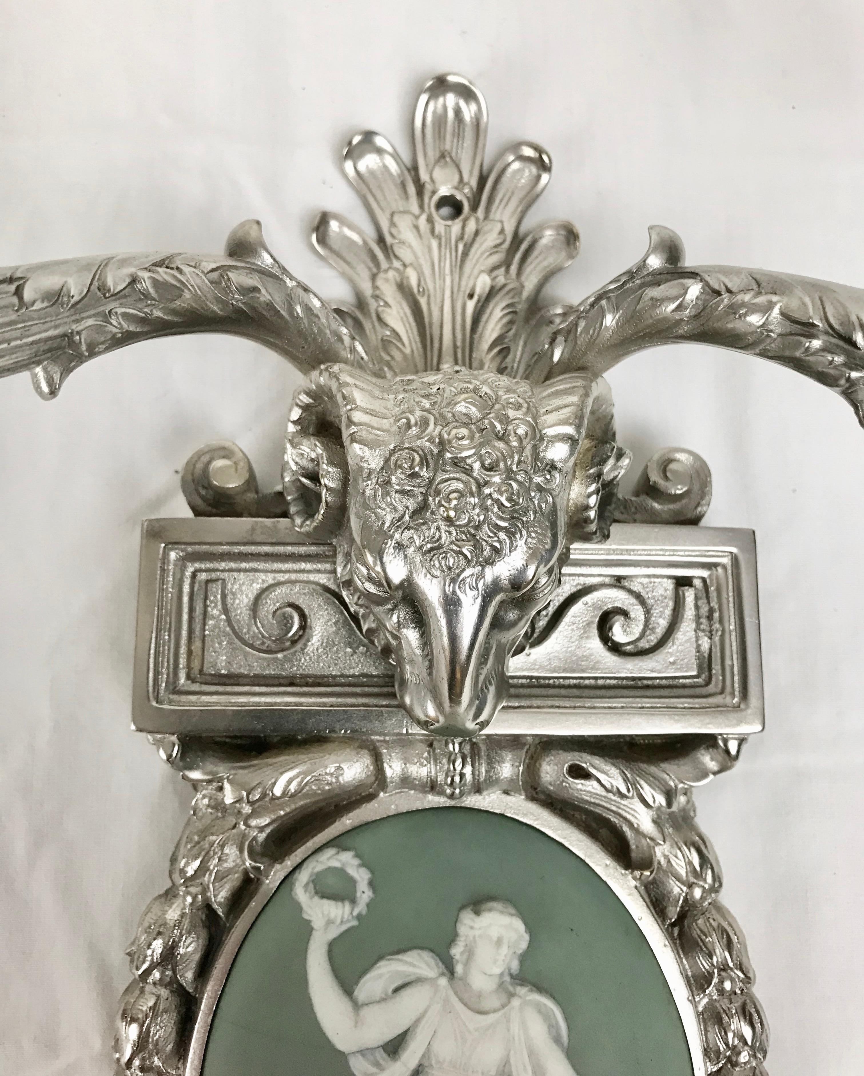 Four Silvered Bronze Adam Style Sconces With Green Wedgwood Plaques For Sale 2