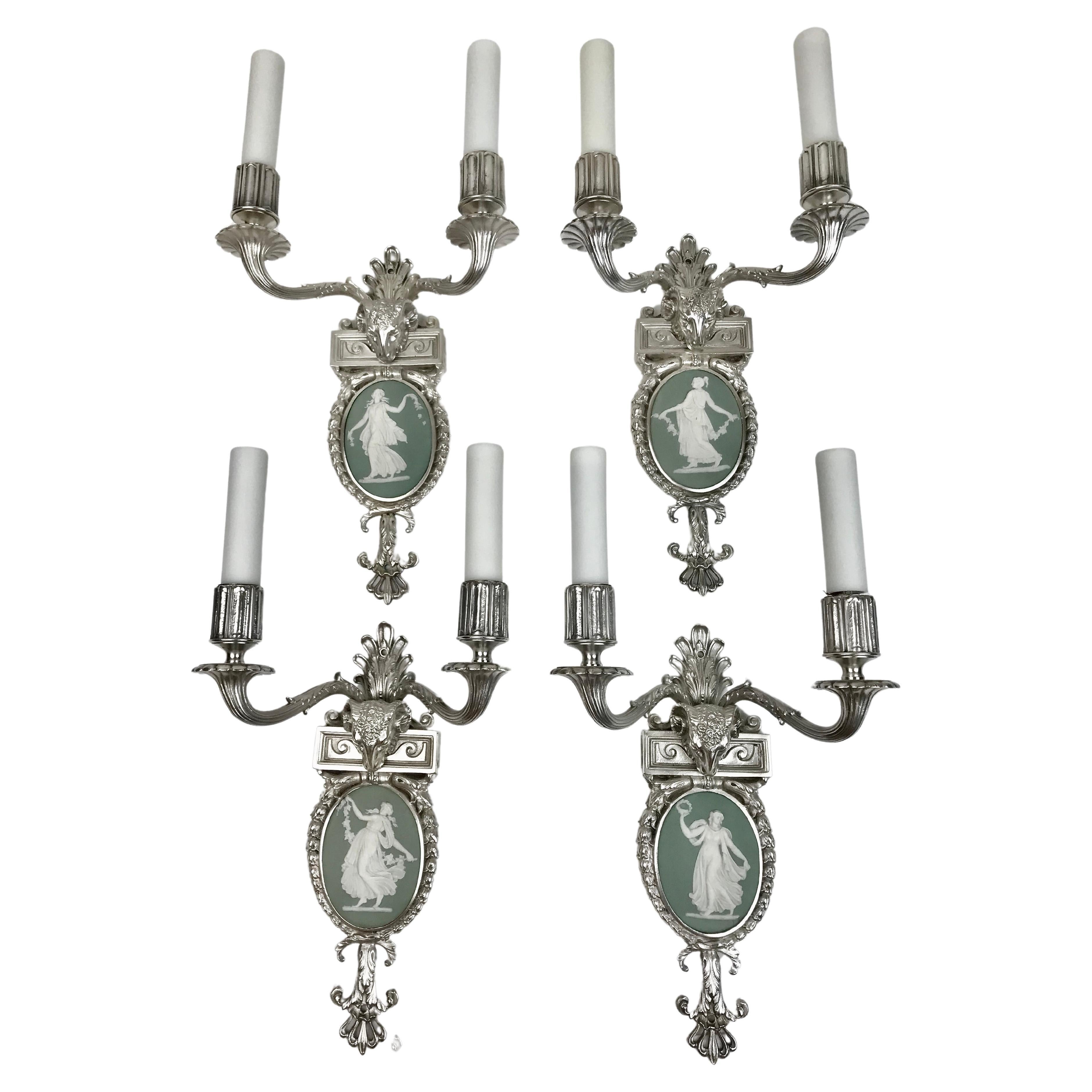 Four Silvered Bronze Adam Style Sconces With Green Wedgwood Plaques For Sale