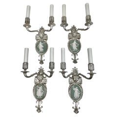 Antique Four Silvered Bronze Adam Style Sconces With Green Wedgwood Plaques