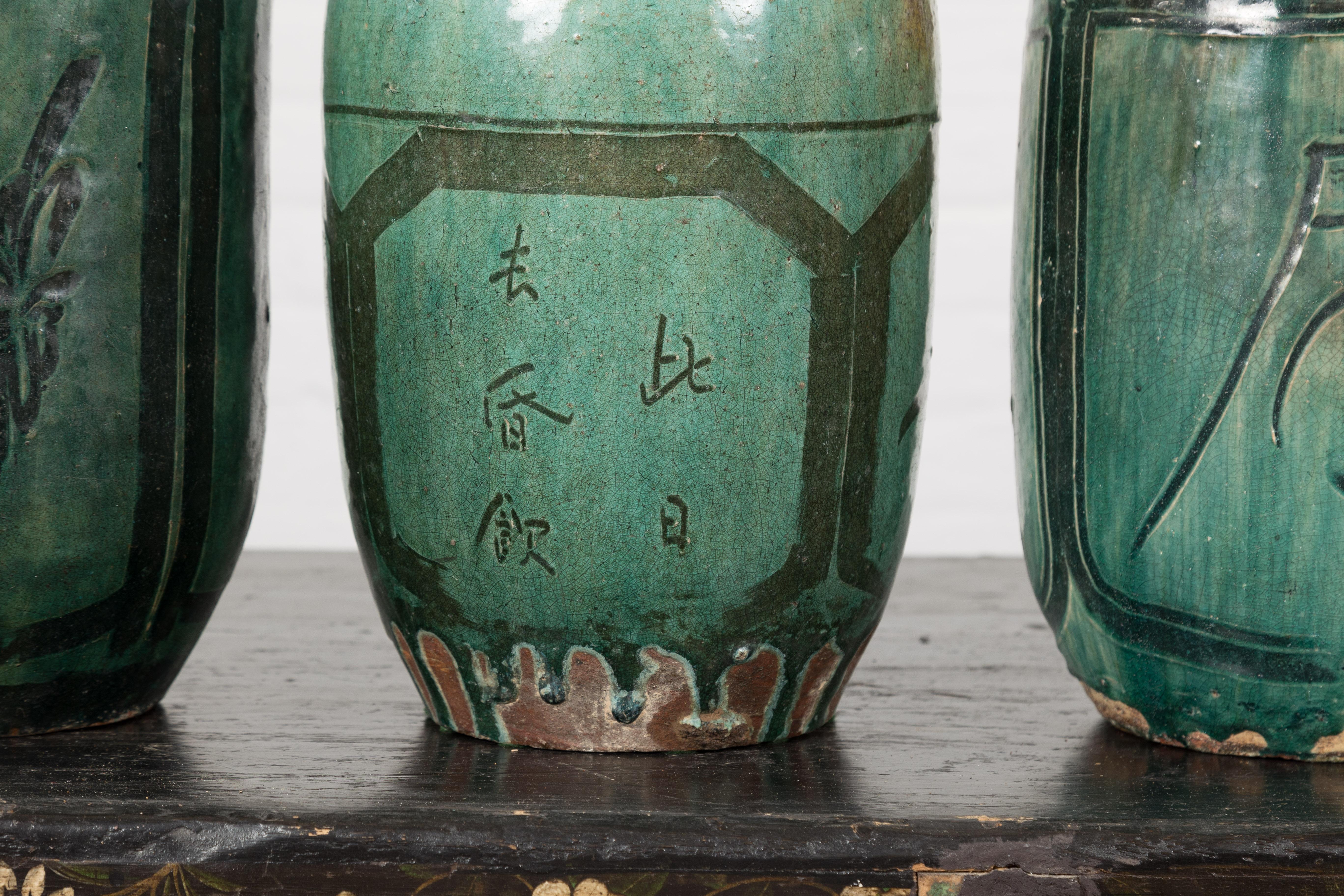 Four Green Antique Ceramic Jars, Sold Each For Sale 6