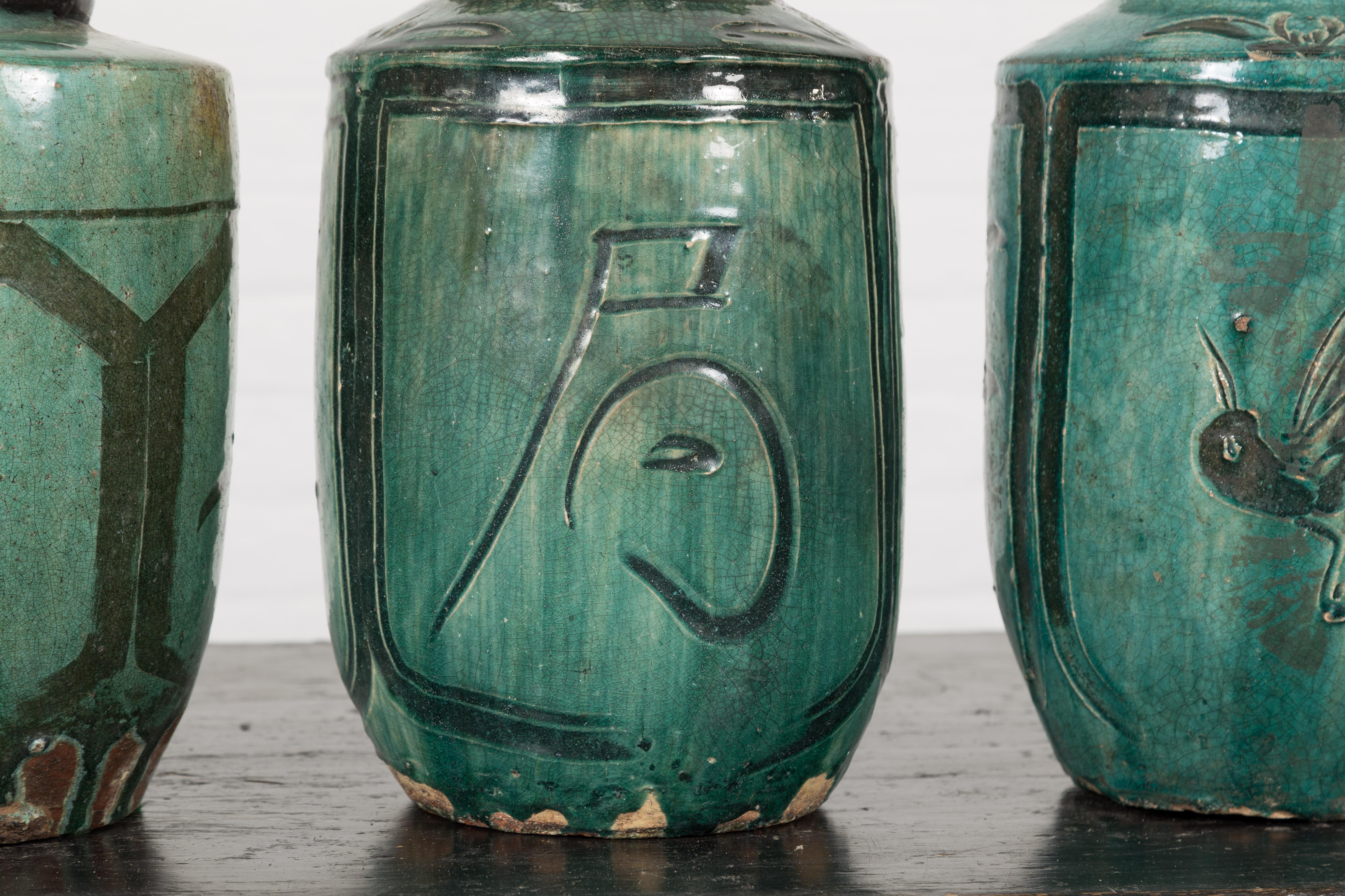 Four Green Antique Ceramic Jars, Sold Each For Sale 7