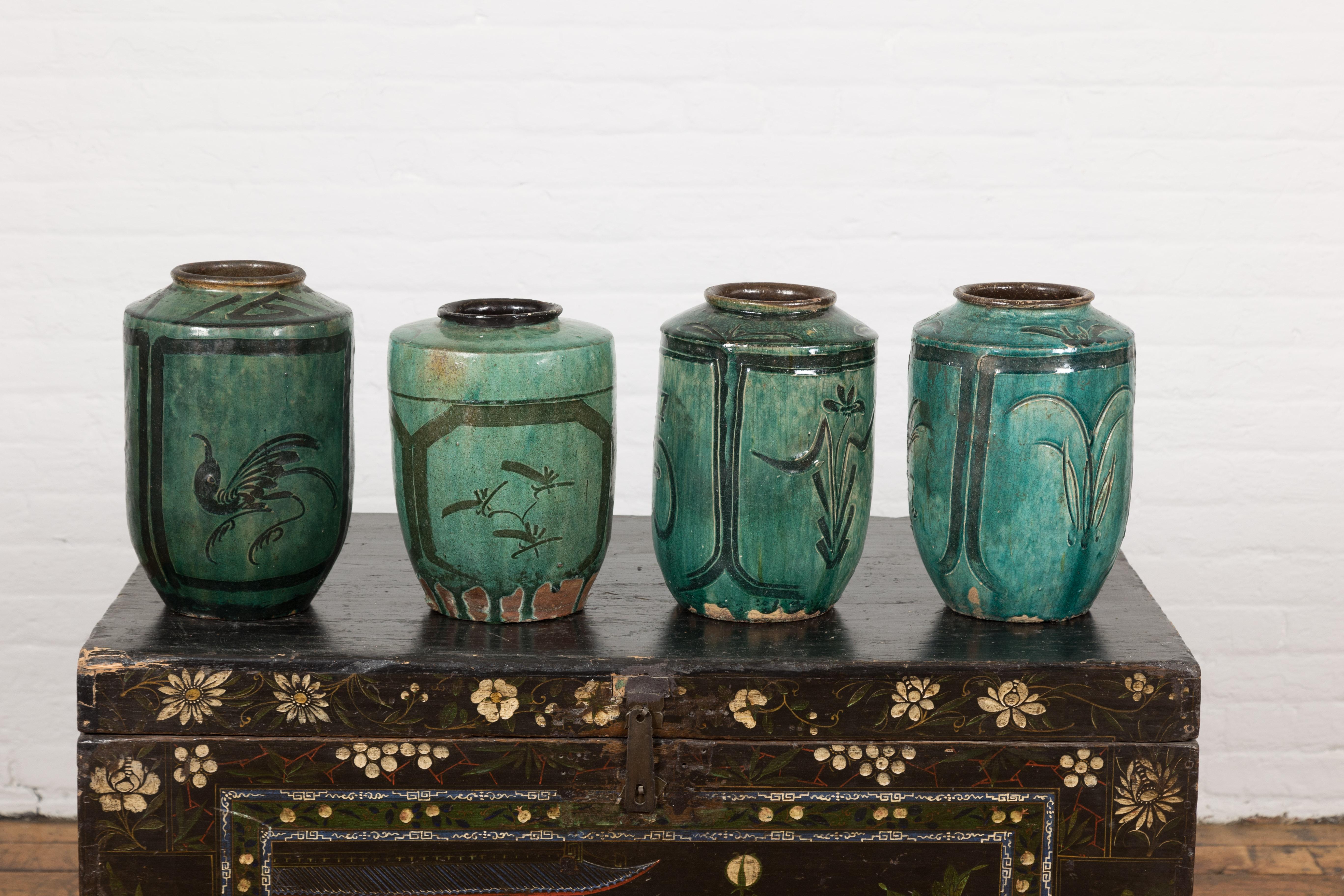Four Green Antique Ceramic Jars, Sold Each For Sale 9
