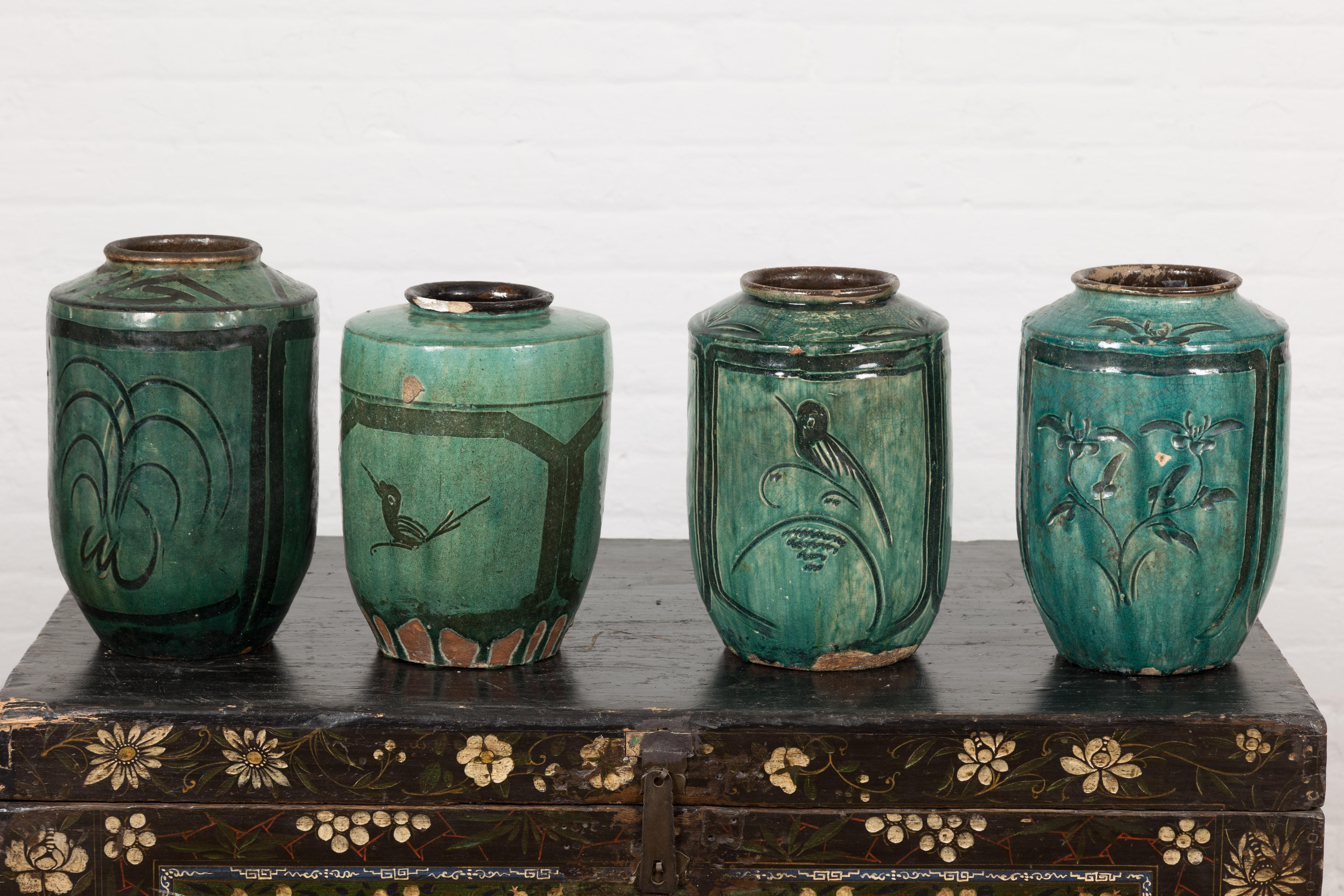 Four Green Antique Ceramic Jars, Sold Each For Sale 11