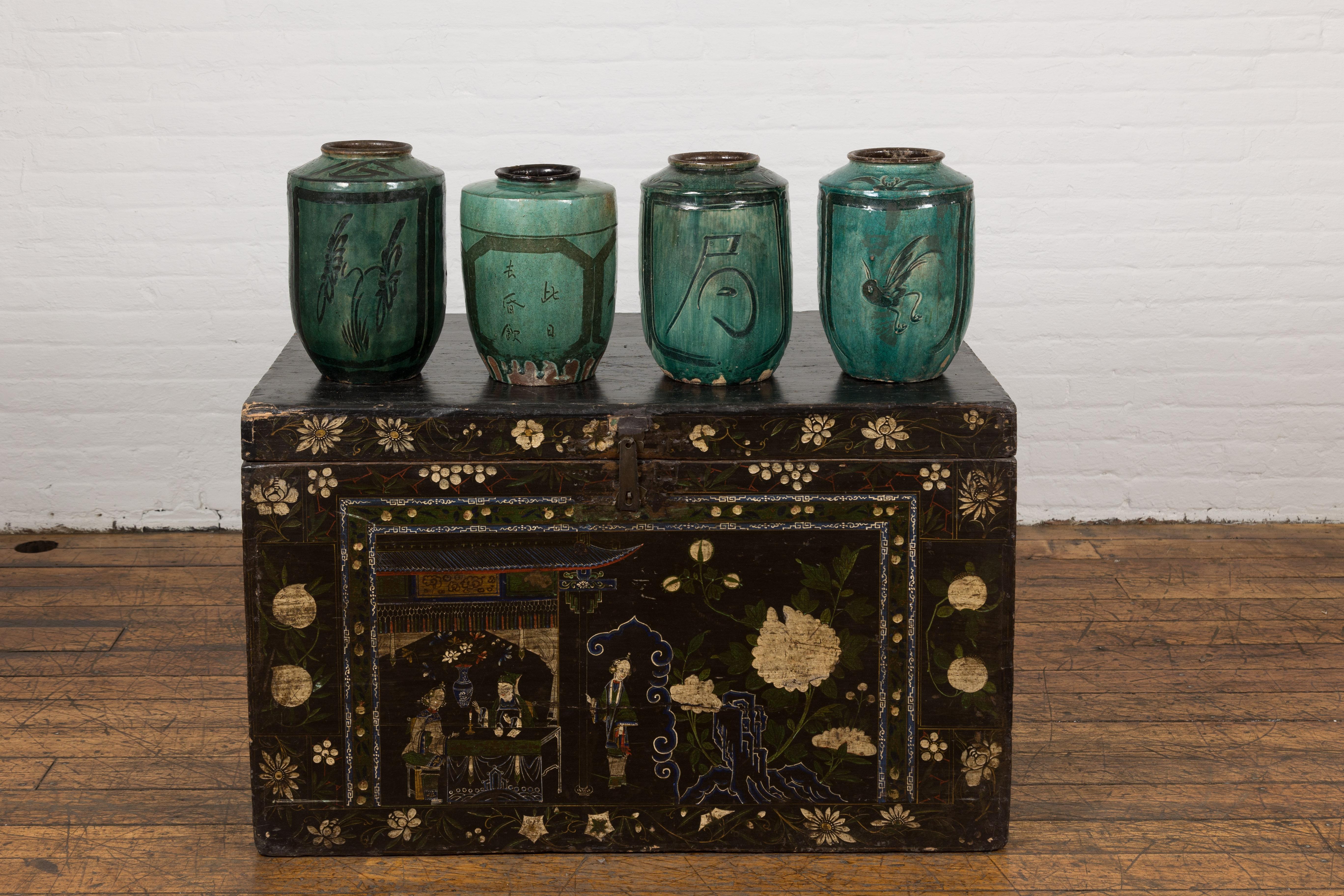 Qing Four Green Antique Ceramic Jars, Sold Each For Sale