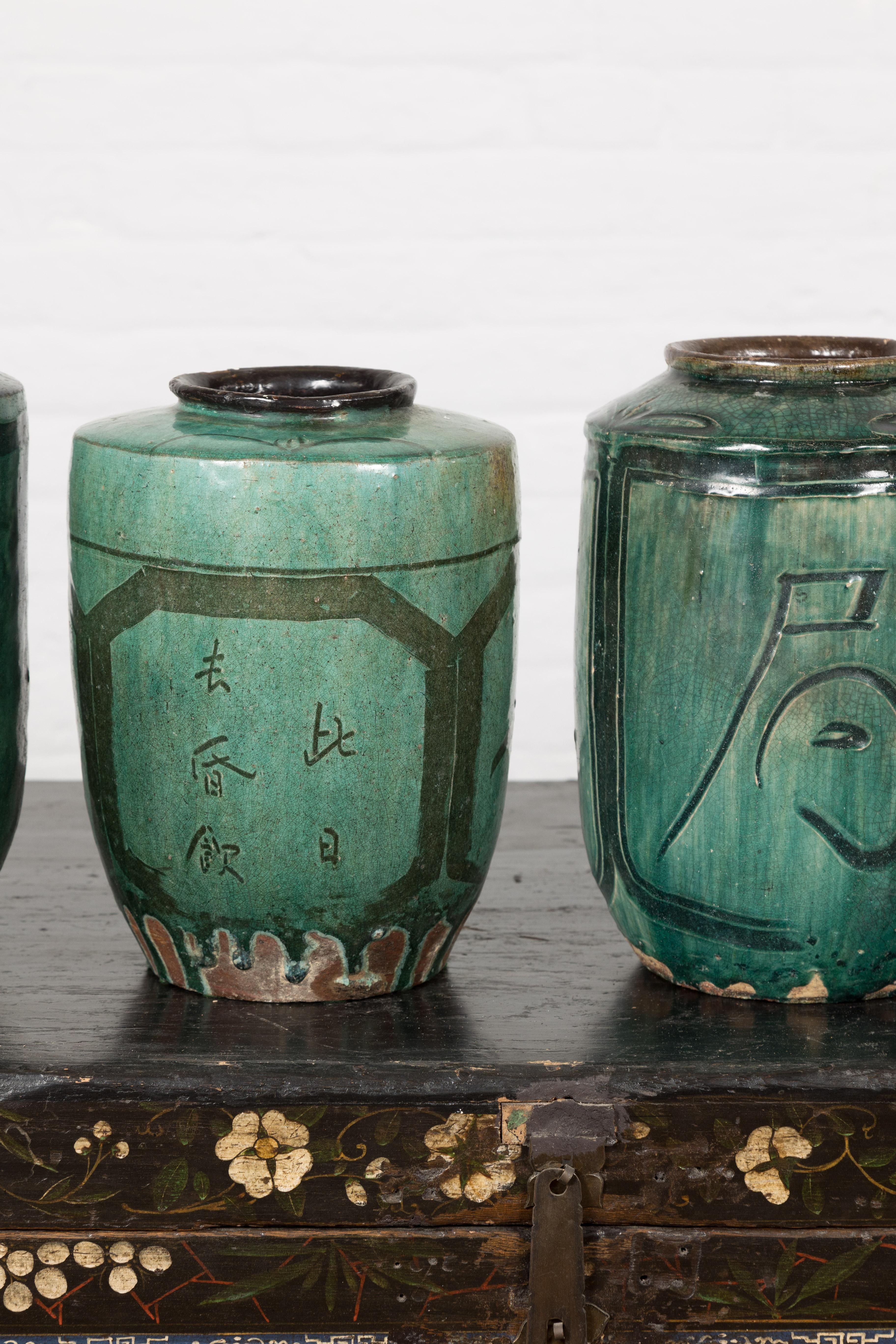Glazed Four Green Antique Ceramic Jars, Sold Each For Sale