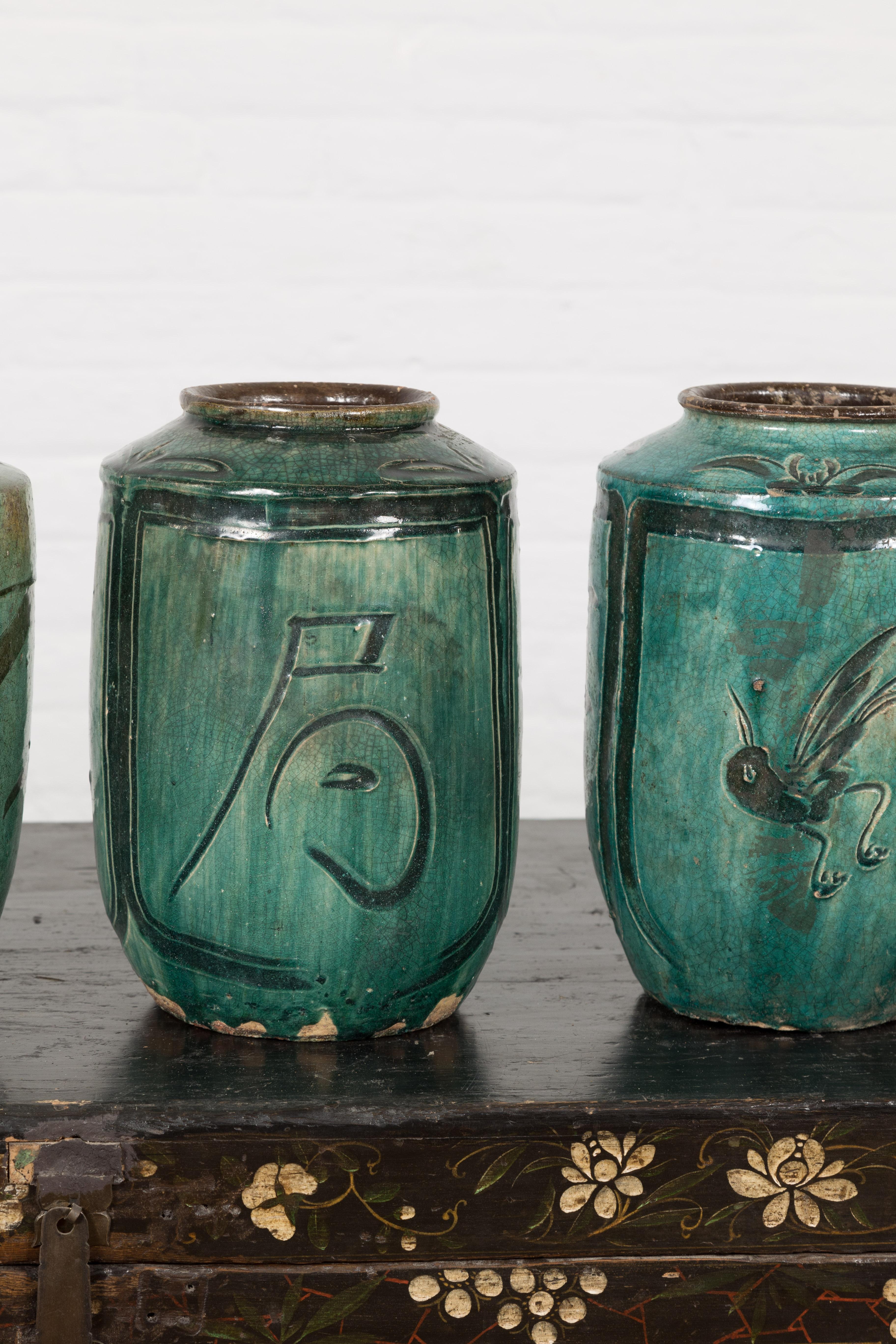 Four Green Antique Ceramic Jars, Sold Each In Good Condition For Sale In Yonkers, NY