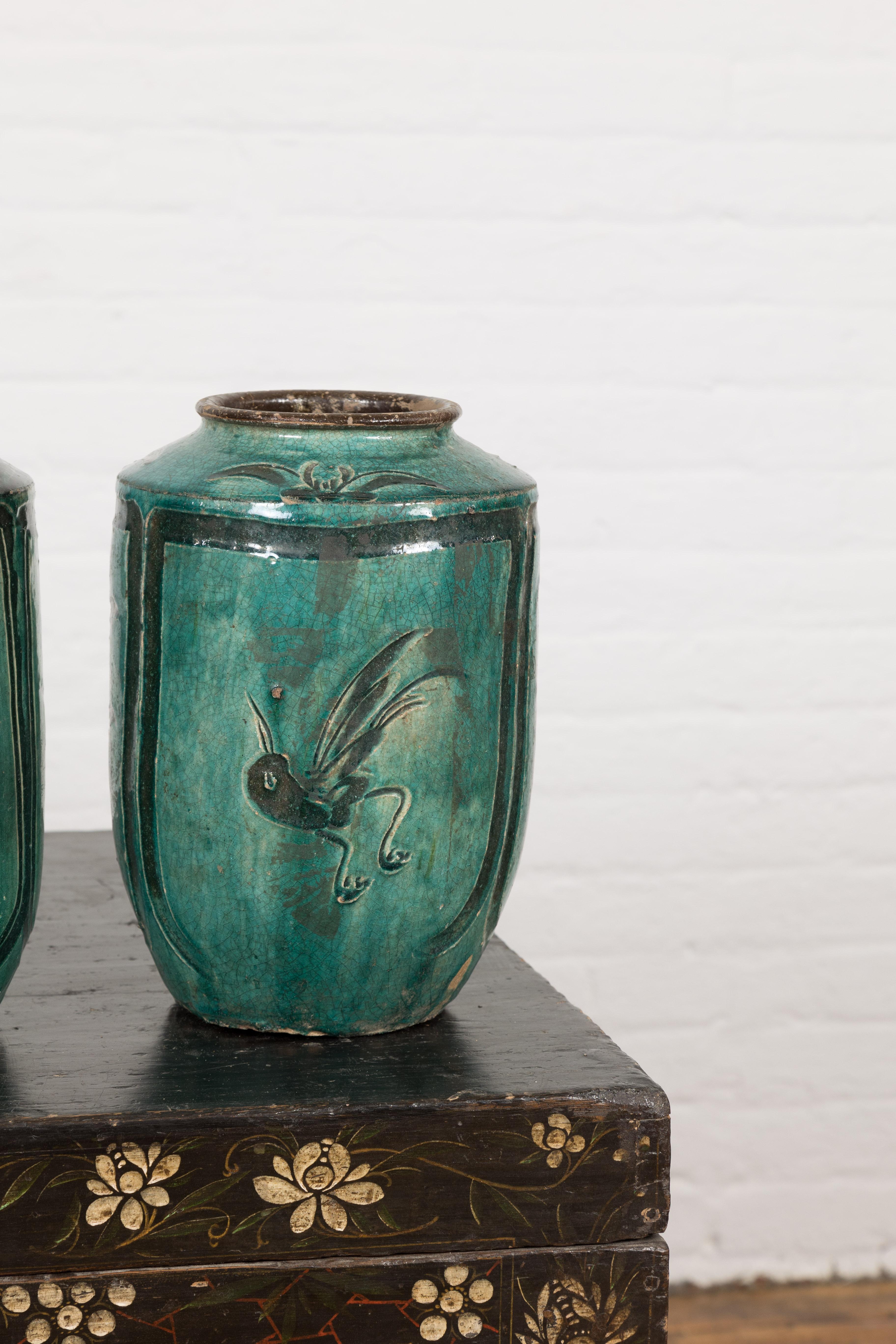 19th Century Four Green Antique Ceramic Jars, Sold Each For Sale