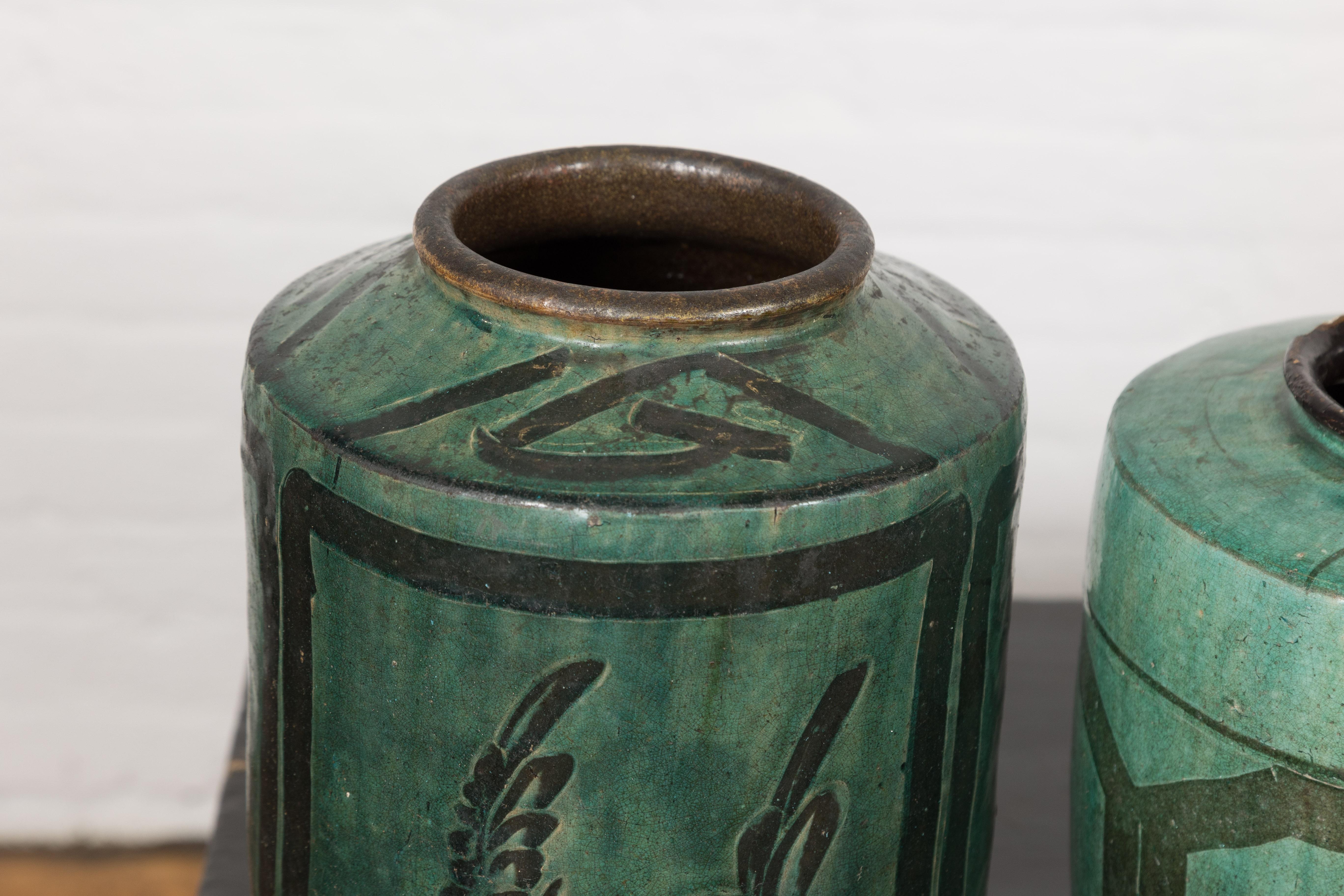 Four Green Antique Ceramic Jars, Sold Each For Sale 1
