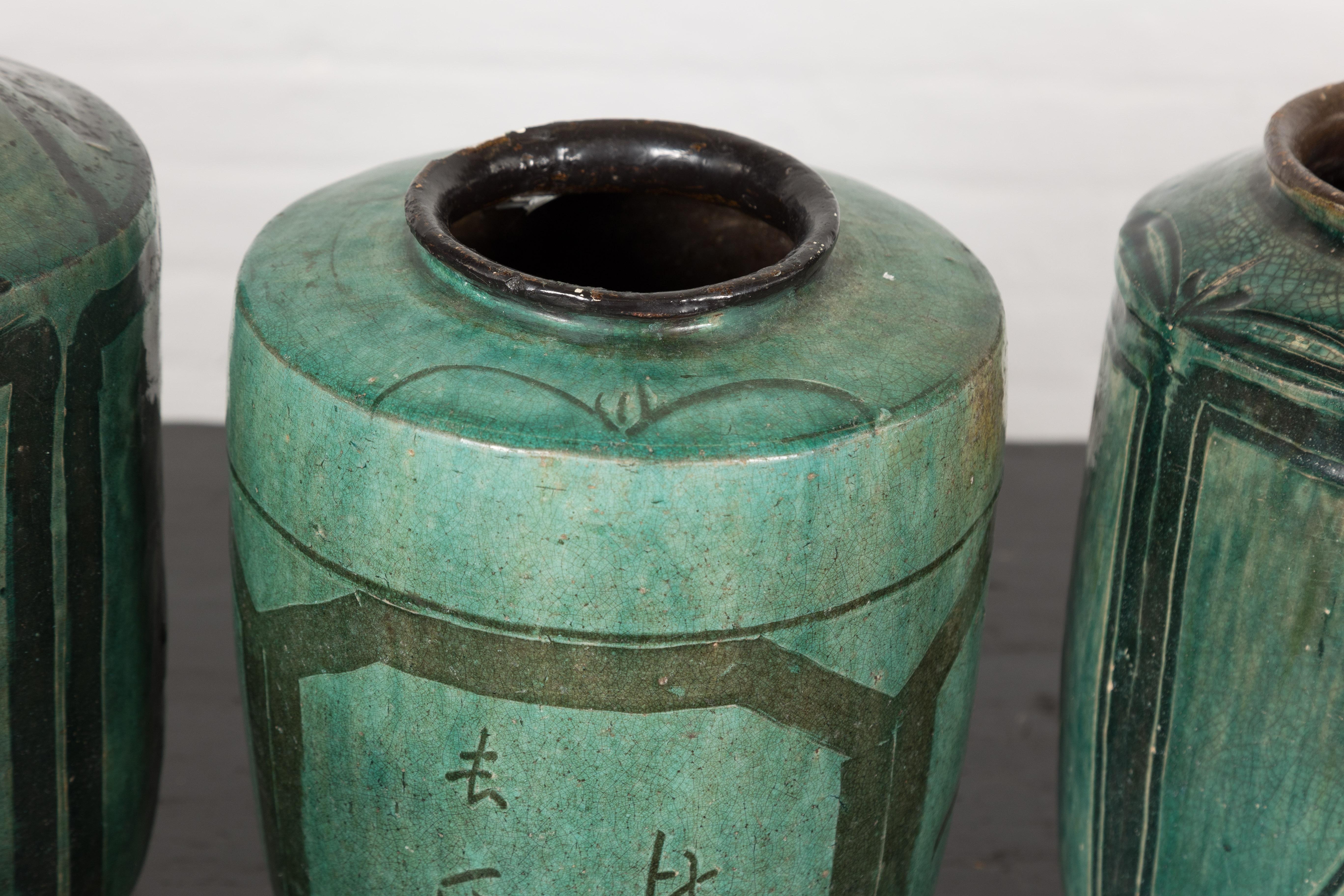 Four Green Antique Ceramic Jars, Sold Each For Sale 2